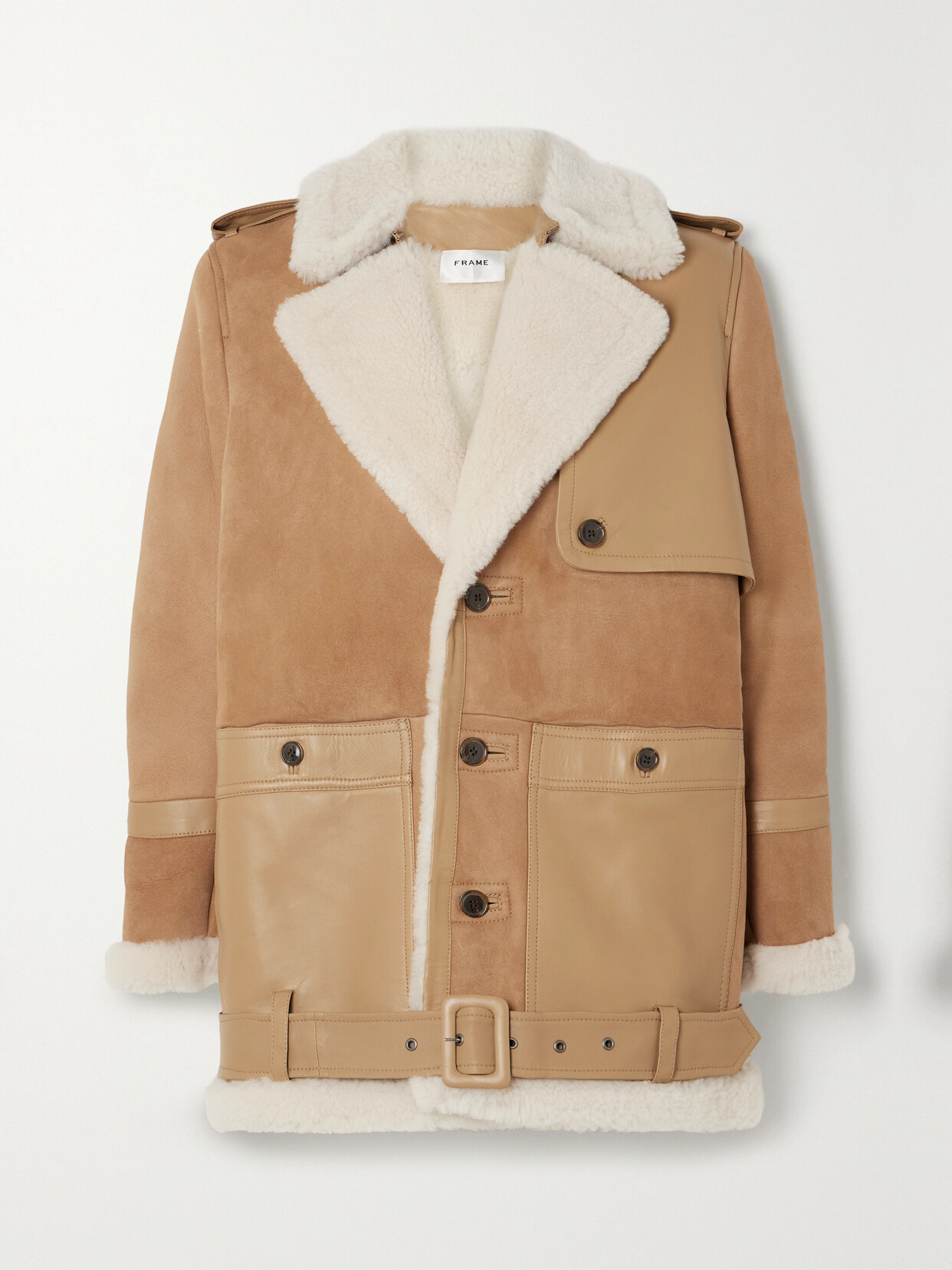 Frame Belted Leather-trimmed Shearling Jacket In Neutrals