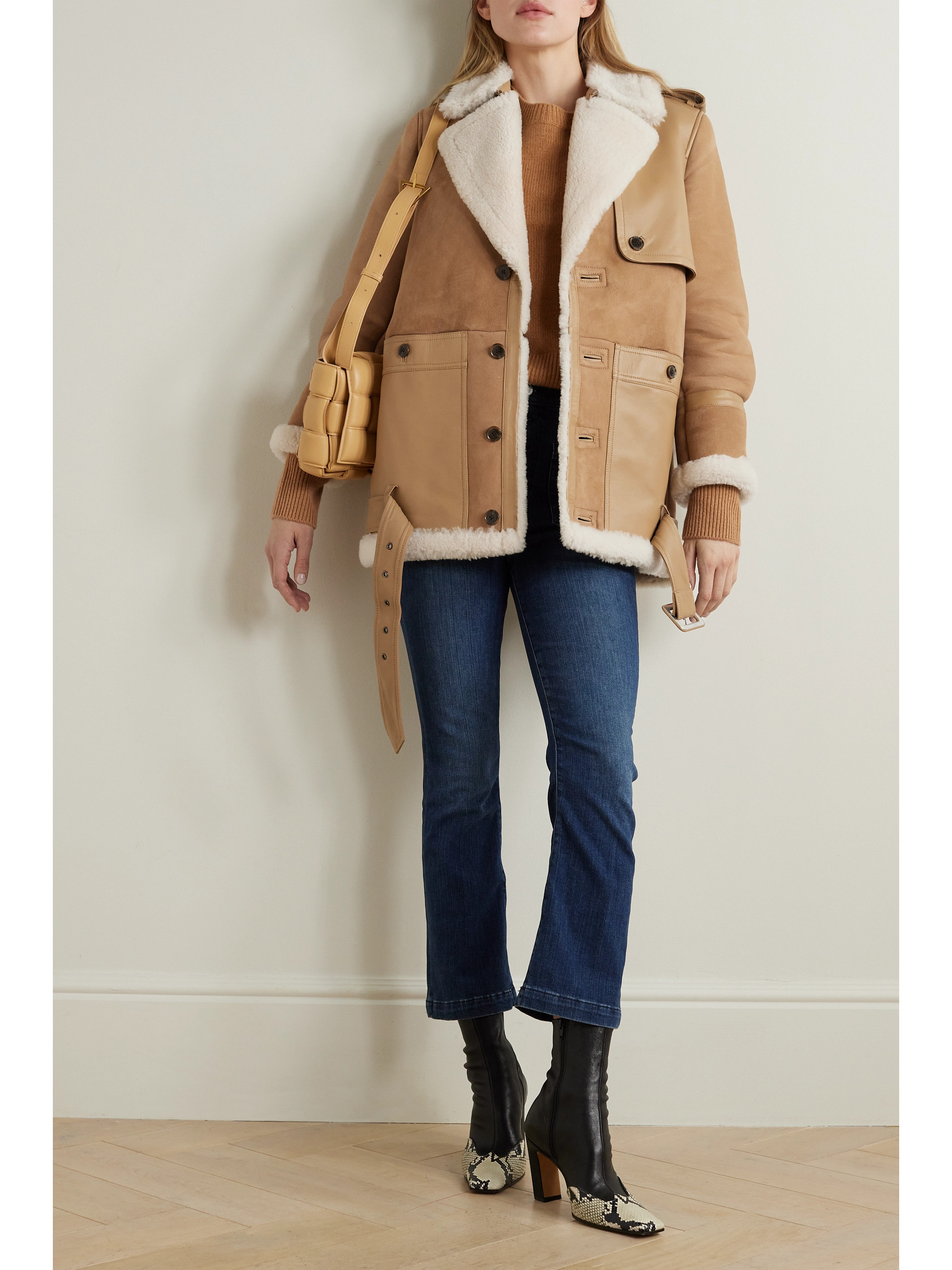 FRAME Belted leather-trimmed shearling jacket