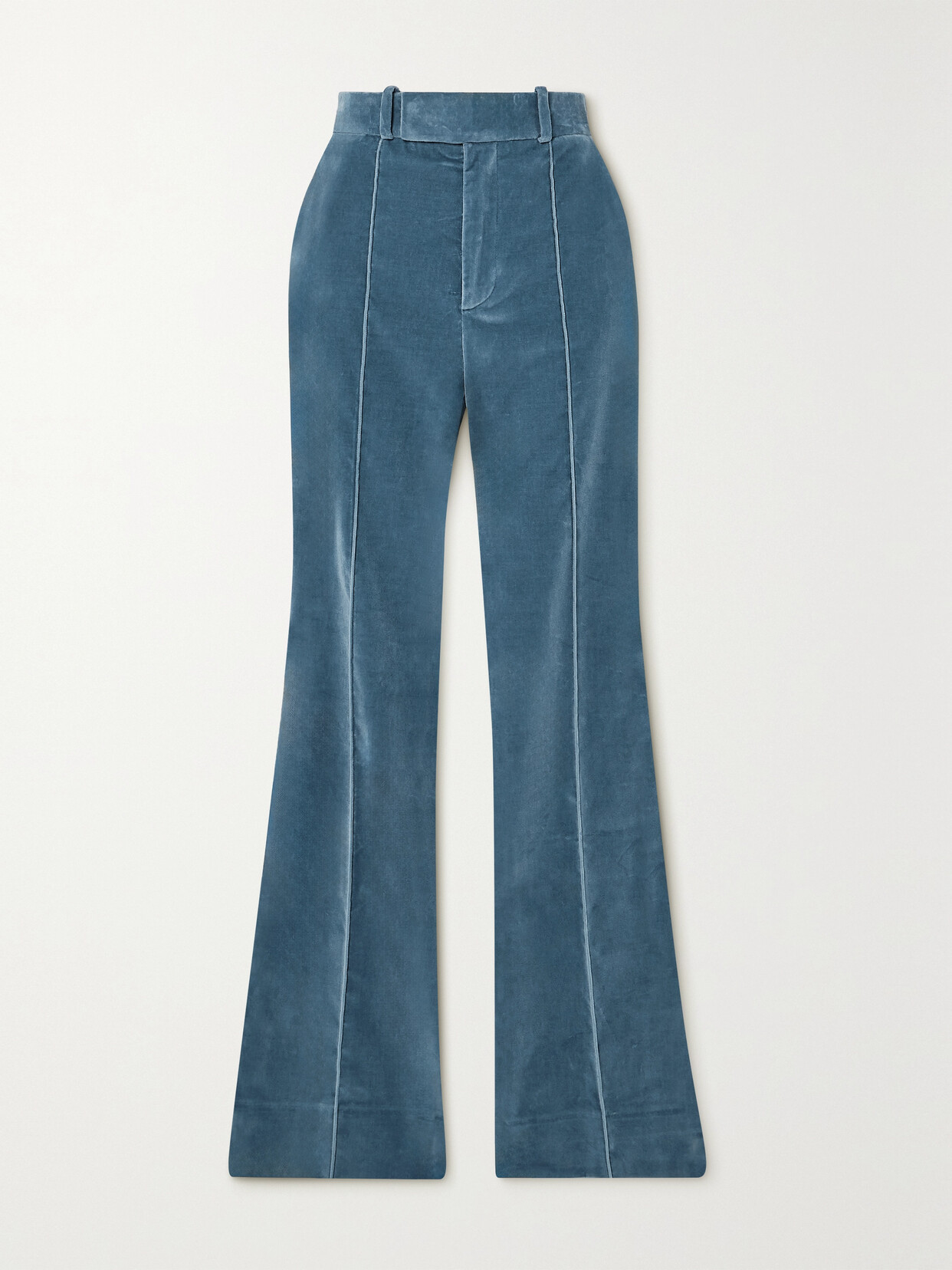 Shop Frame The Slim Stacked Cotton-blend Velvet Straight-leg Pants In Blue