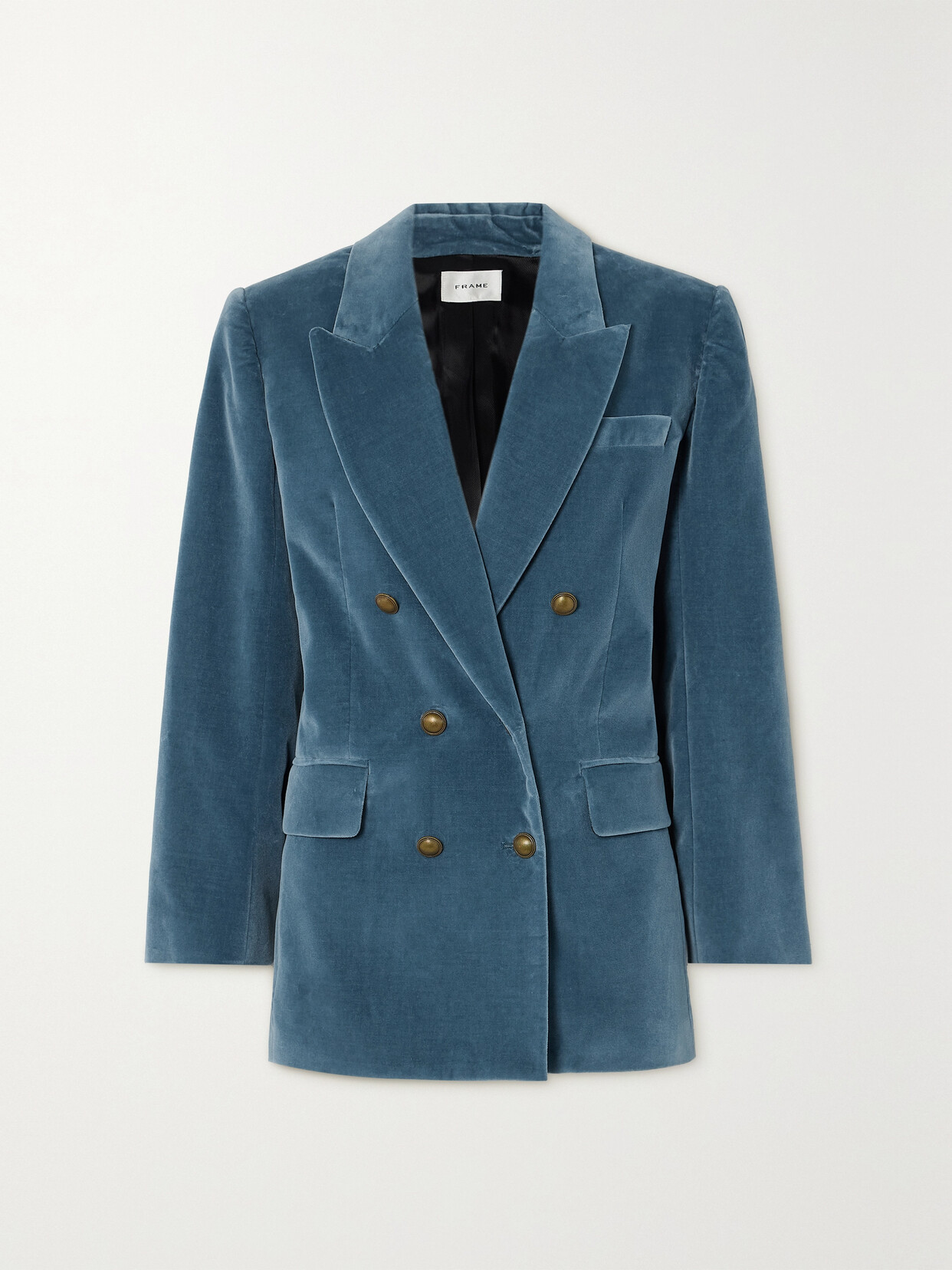 Shop Frame Double-breasted Cotton-blend Velvet Blazer In Blue