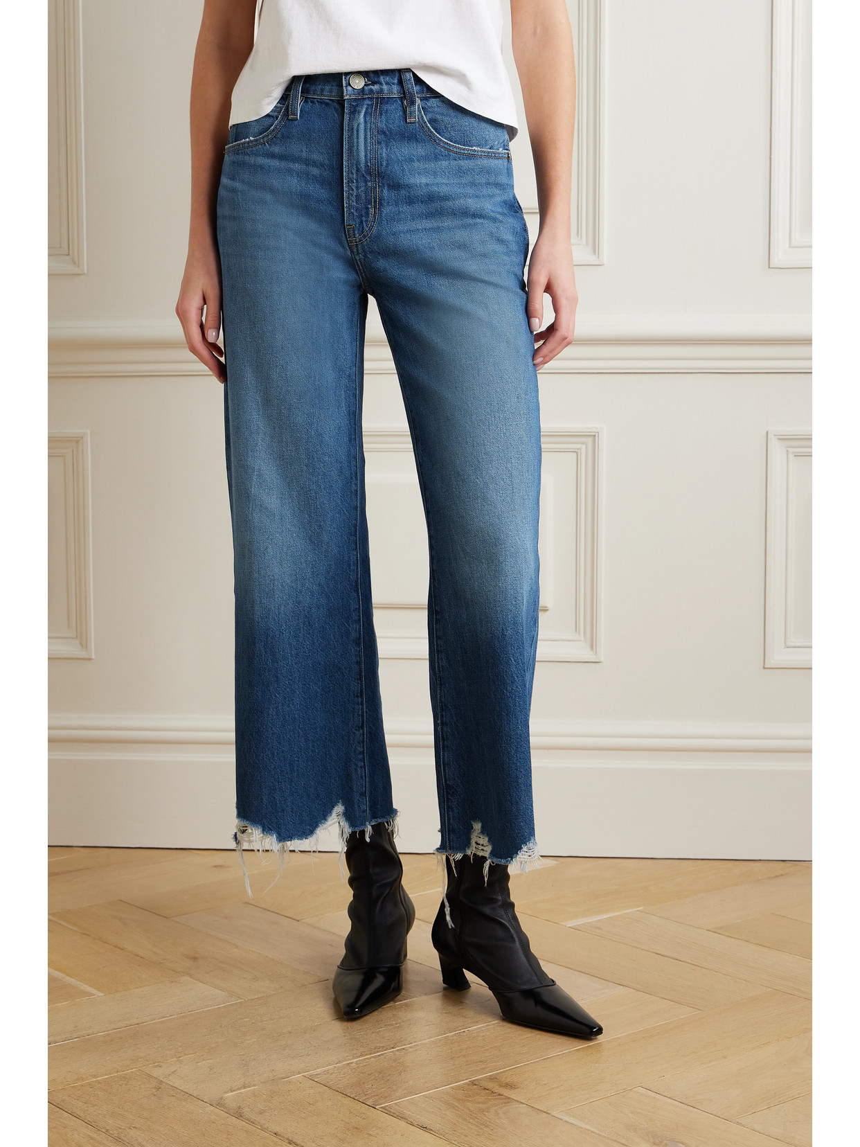 Frame + Net Sustain The Relaxed Straight Cropped Frayed High-rise Straight-leg Jeans In Blue