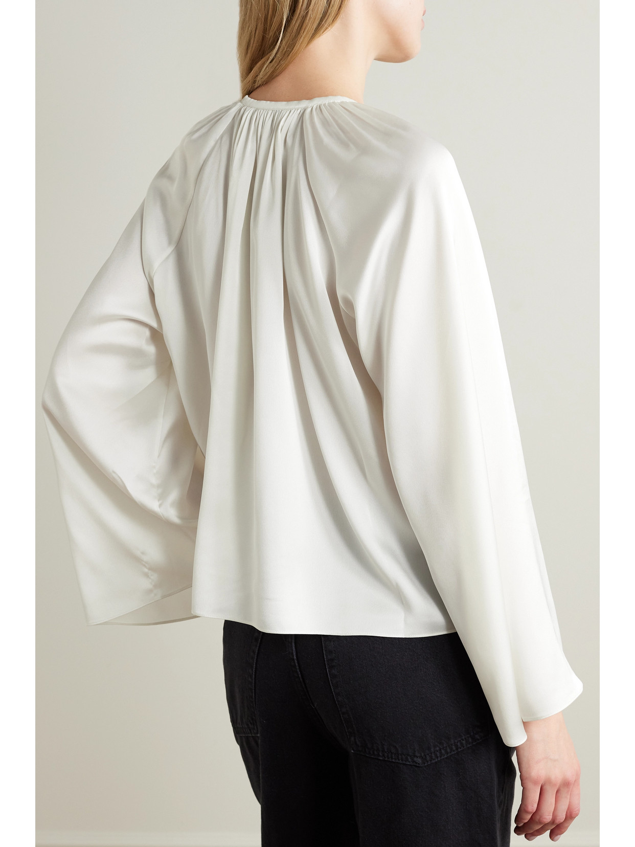 Shop Frame Tie-detailed Gathered Recycled-satin Blouse In Cream