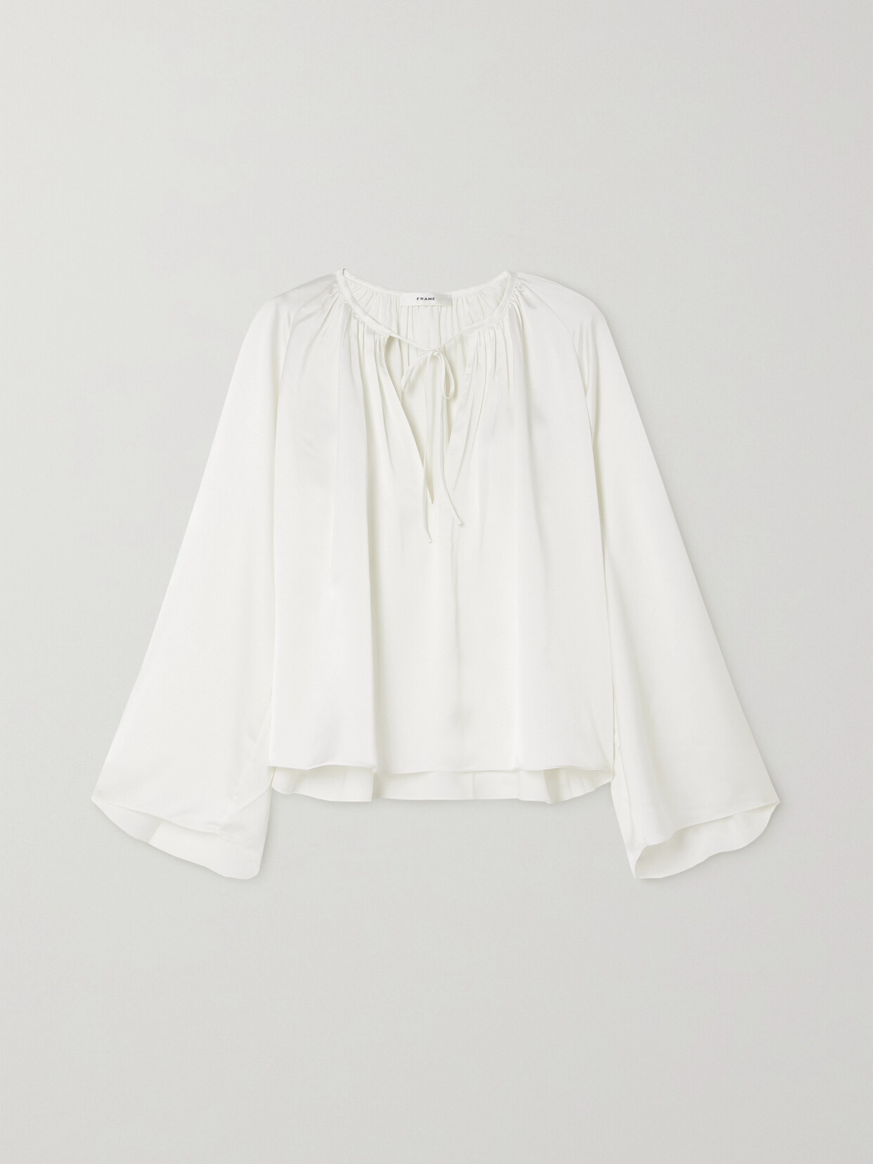 Shop Frame Tie-detailed Gathered Recycled-satin Blouse In Cream