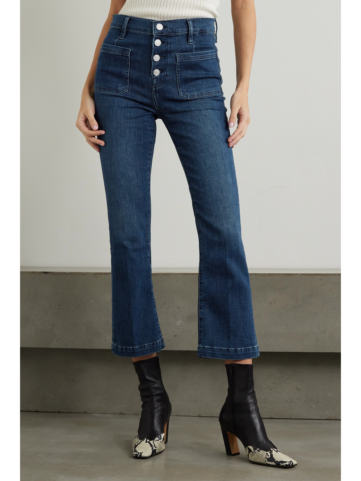 Shop Frame Le Bardot Cropped High-rise Flared Jeans In Blue