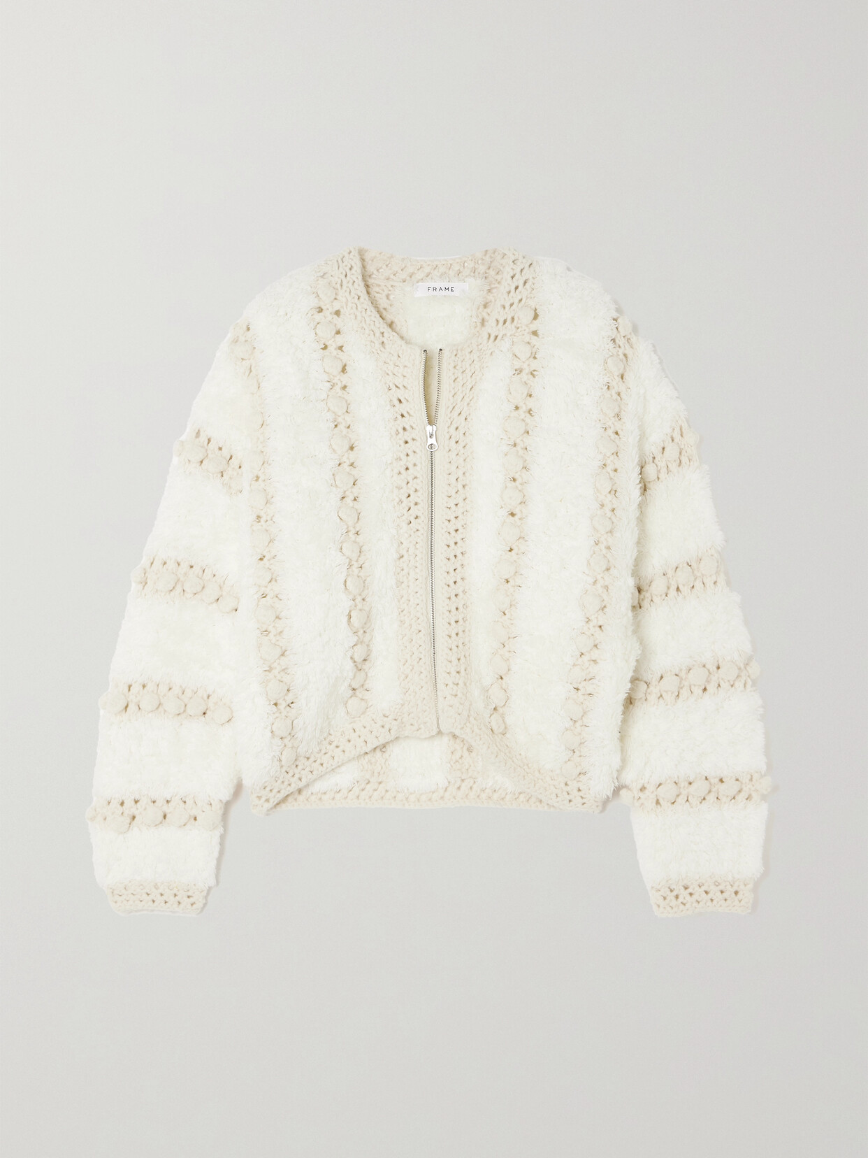 Shop Frame Pom Pom-embellished Crochet-trimmed Wool Cardigan In Cream