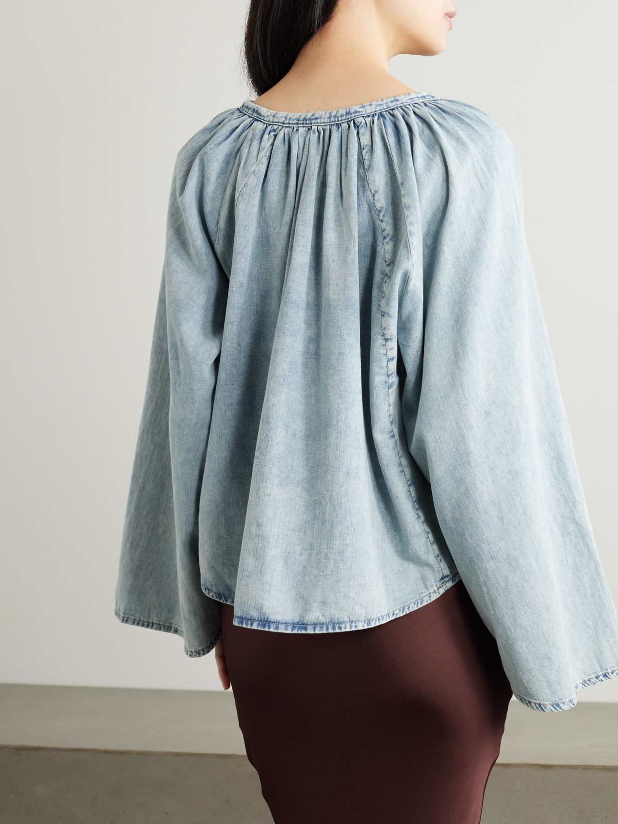 Gathered Cotton And Linen-Blend Chambray Blouse