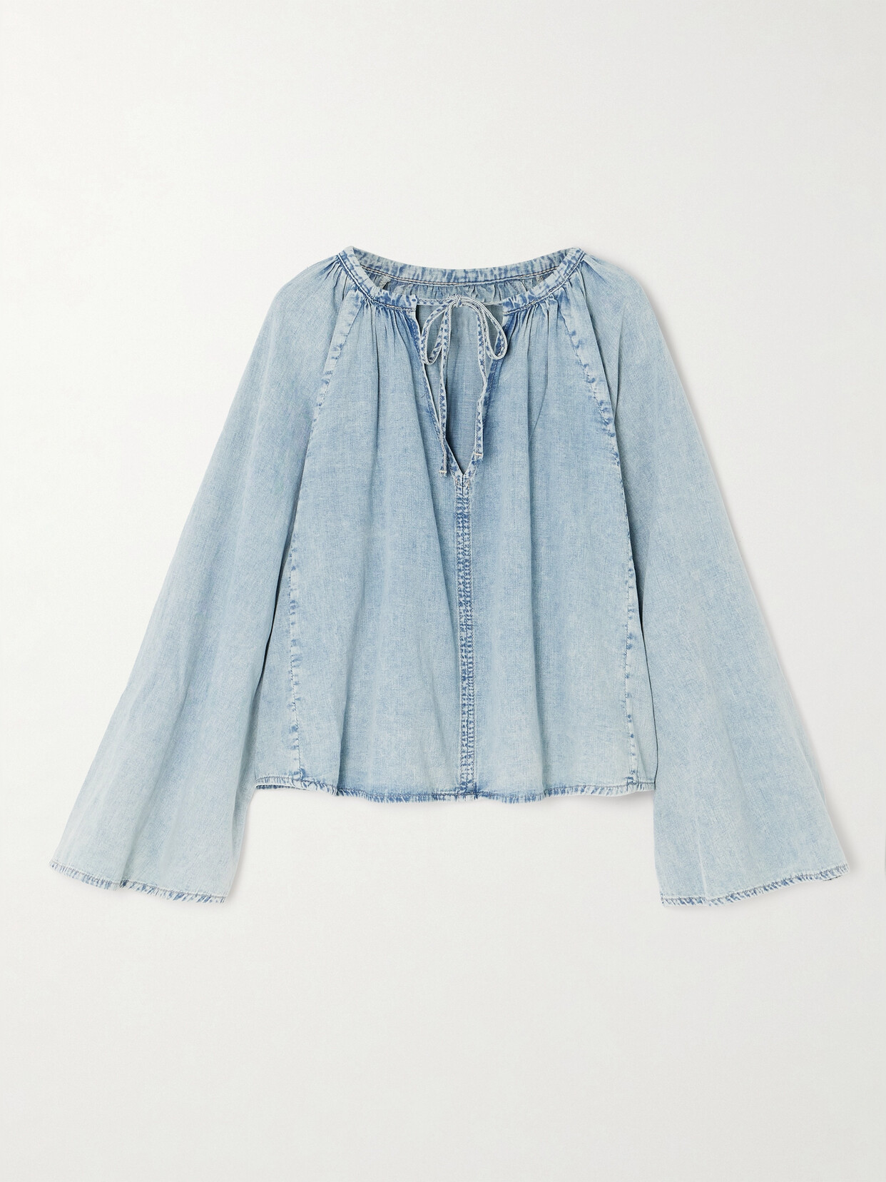 Frame Gathered Cotton And Linen-blend Chambray Blouse In Blue