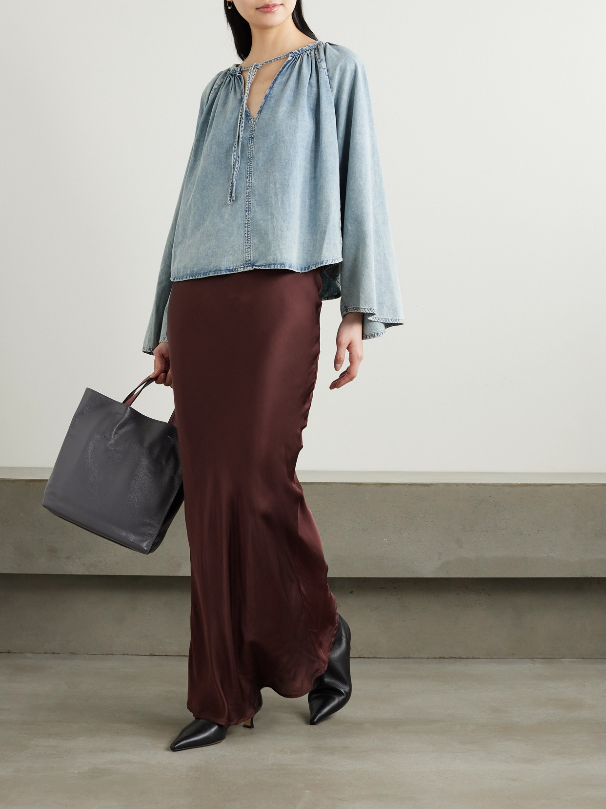 Gathered Cotton And Linen-Blend Chambray Blouse