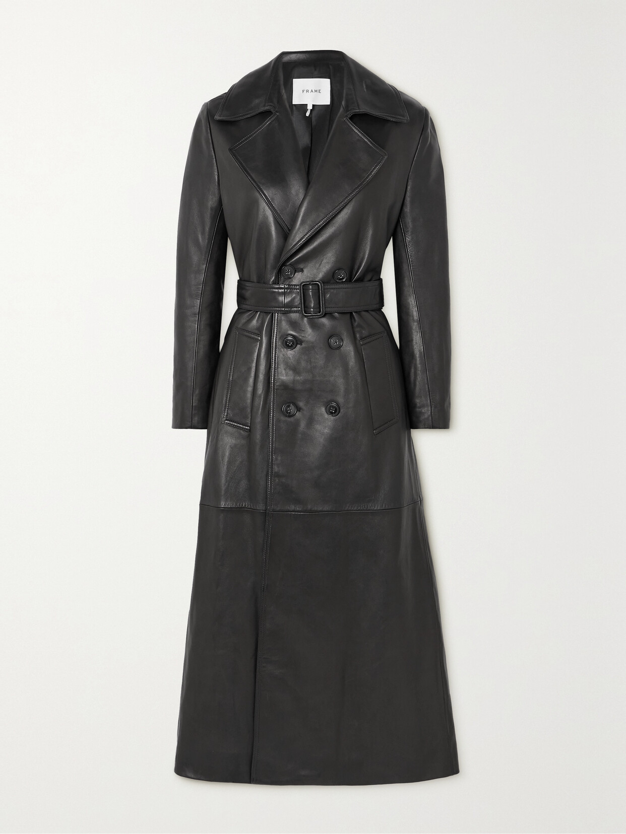 Shop Frame Sleek Belted Leather Trench Coat In Black