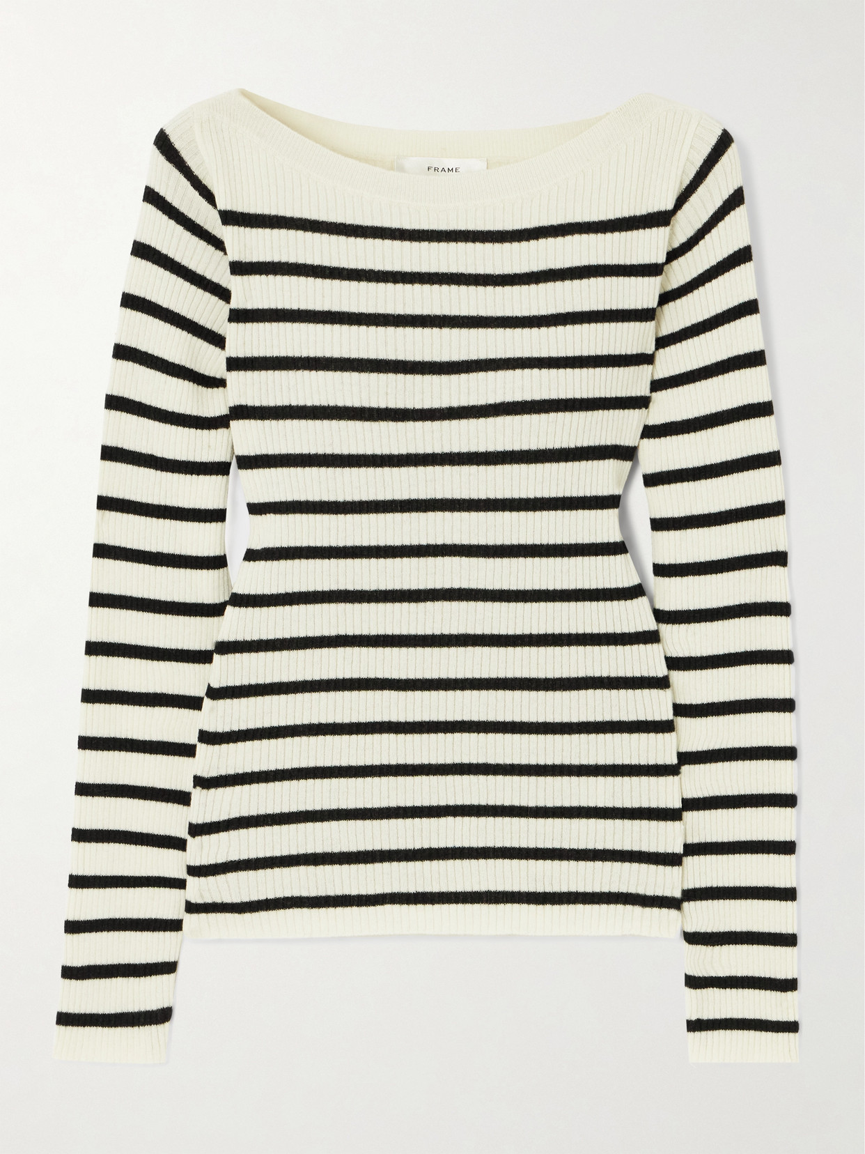 Shop Frame Striped Ribbed Wool, Cashmere And Silk-blend Sweater In Black