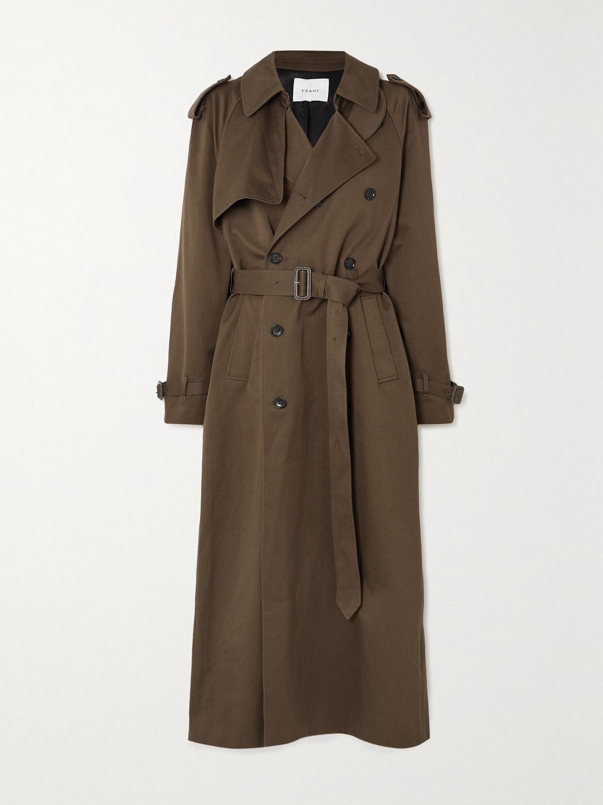 Frame Belted Double-breasted Cotton-gabardine Trench Coat In Brown