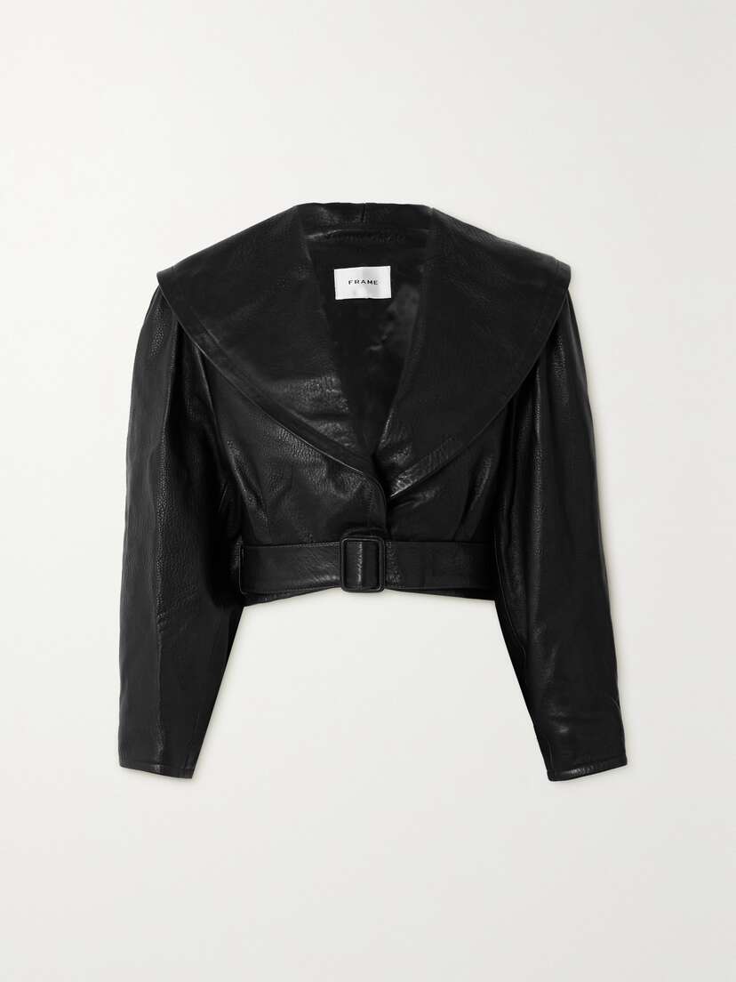 Frame Cropped Belted Textured-leather Jacket