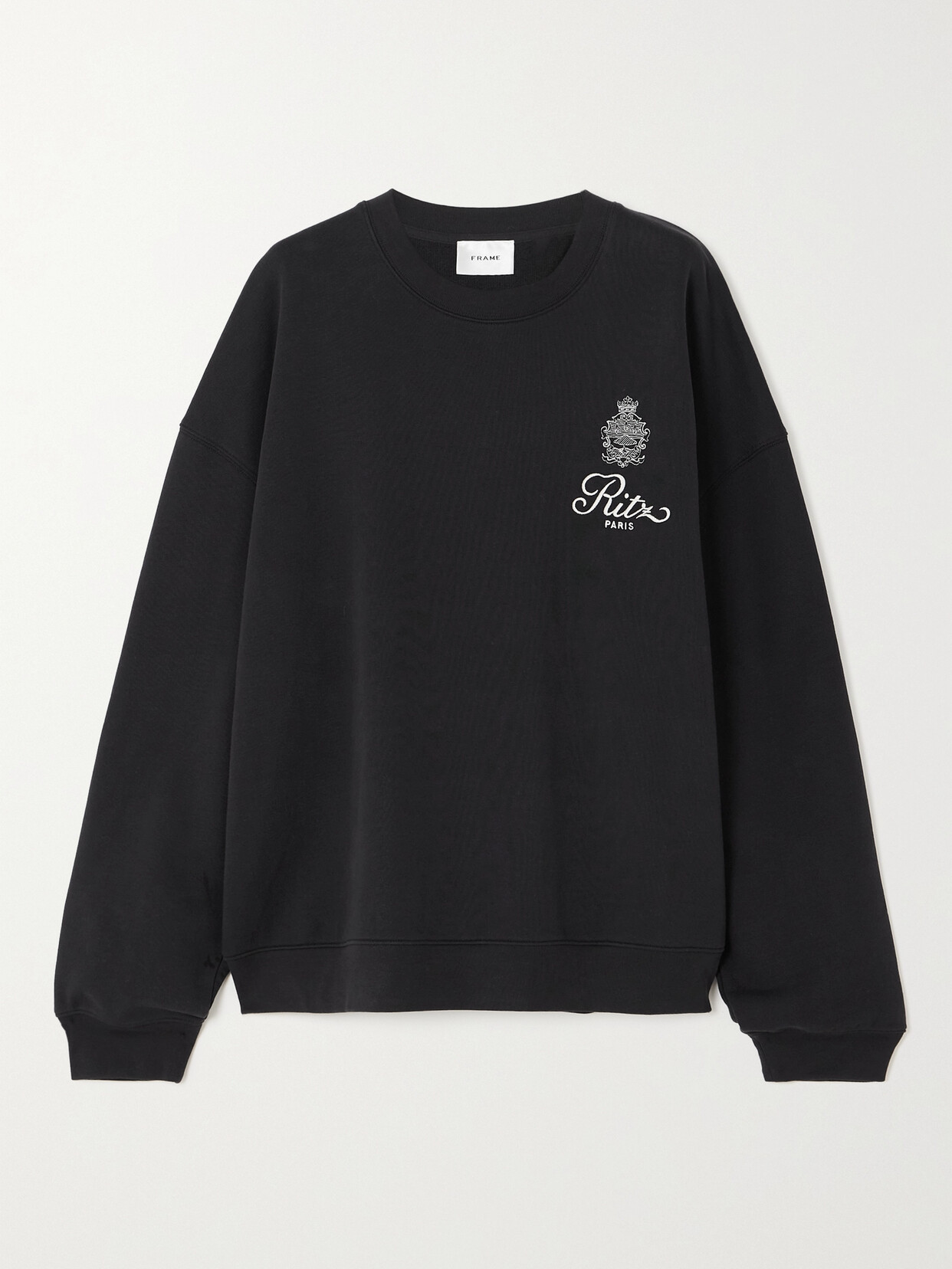 FRAME - + Ritz Paris Late Checkout Embroidered Cotton-jersey Sweatshirt - Black