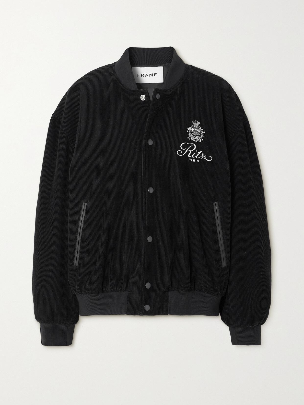 FRAME + Ritz Paris Embroidered Leather-trimmed Cotton And Wool-blend Corduroy Bomber Jacket - Black