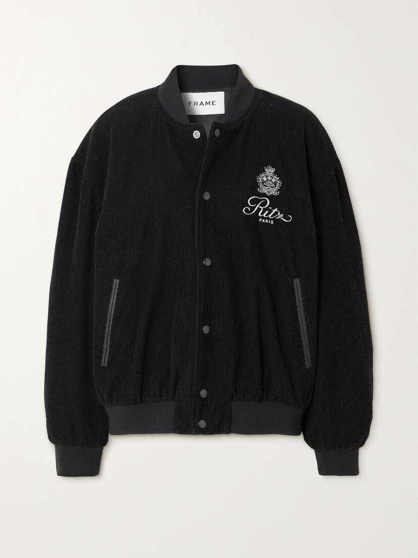 FRAME + Ritz Paris Embroidered Leather-trimmed Cotton And Wool-blend Corduroy Bomber Jacket