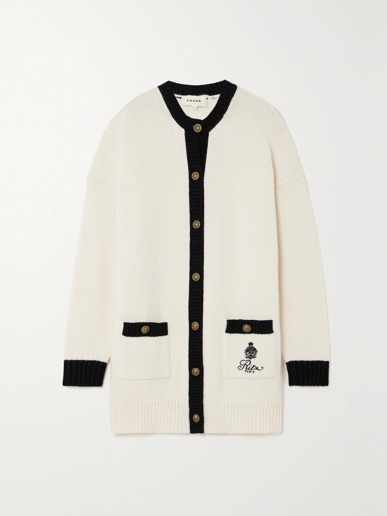 FRAME - + Ritz Paris Embroidered Two-tone Cashmere Cardigan - White