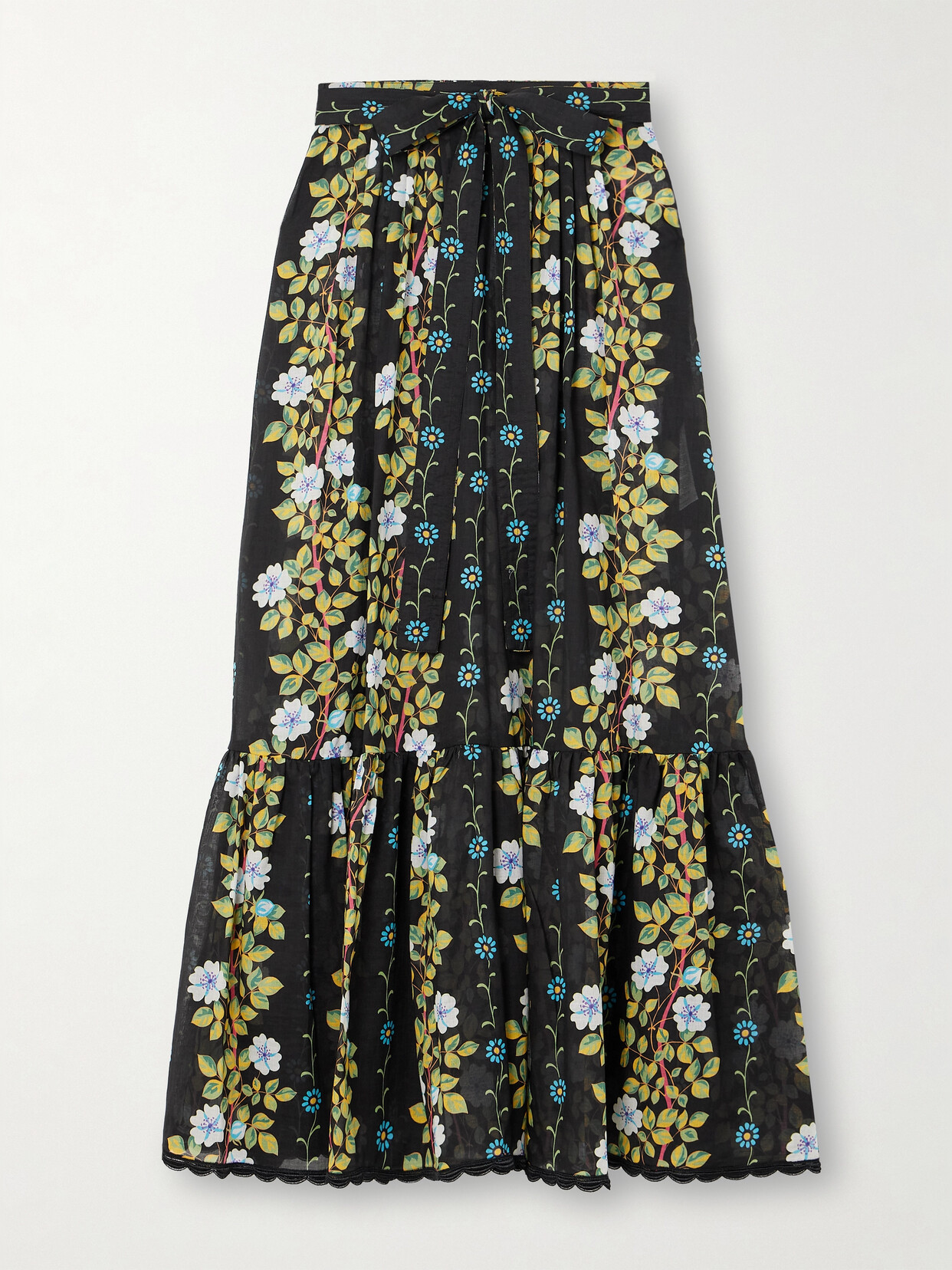 Etro Belted Scalloped Floral-print Cotton-voile Maxi Skirt In Black