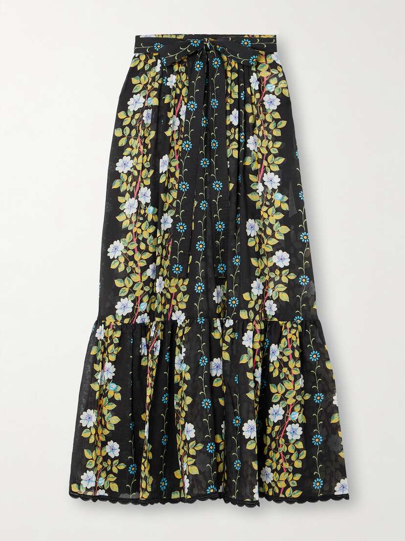 Etro Belted Scalloped Floral-print Cotton-voile Maxi Skirt