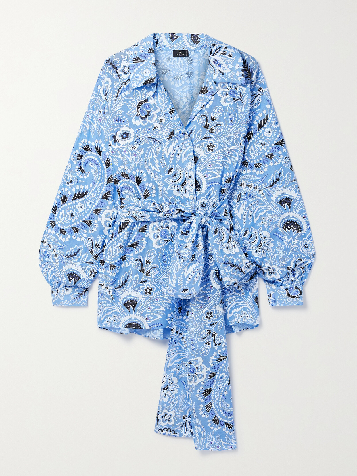 Etro Belted Paisley-print Cotton And Silk-blend Shirt - Blue