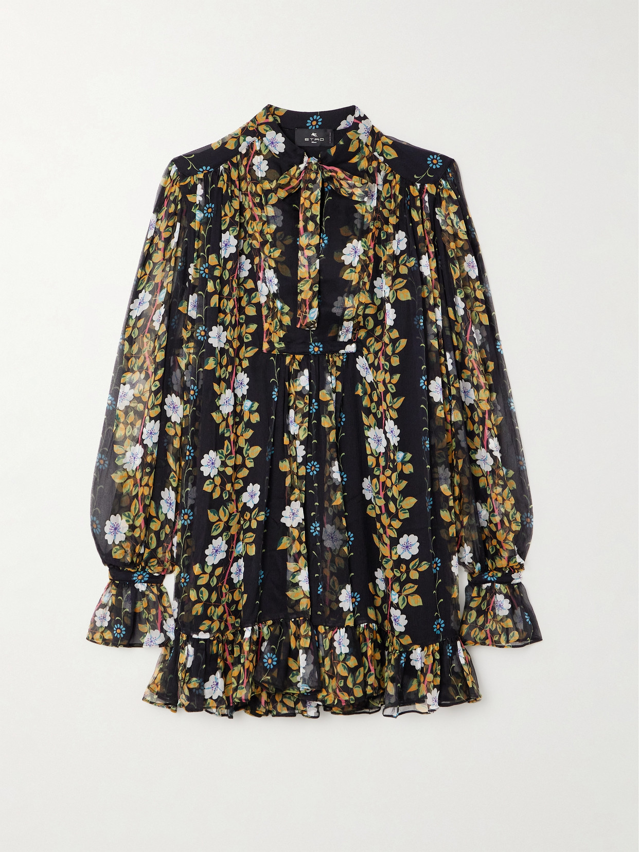 Etro Tie-neck Floral-print Silk-crepon Mini Dress In Black