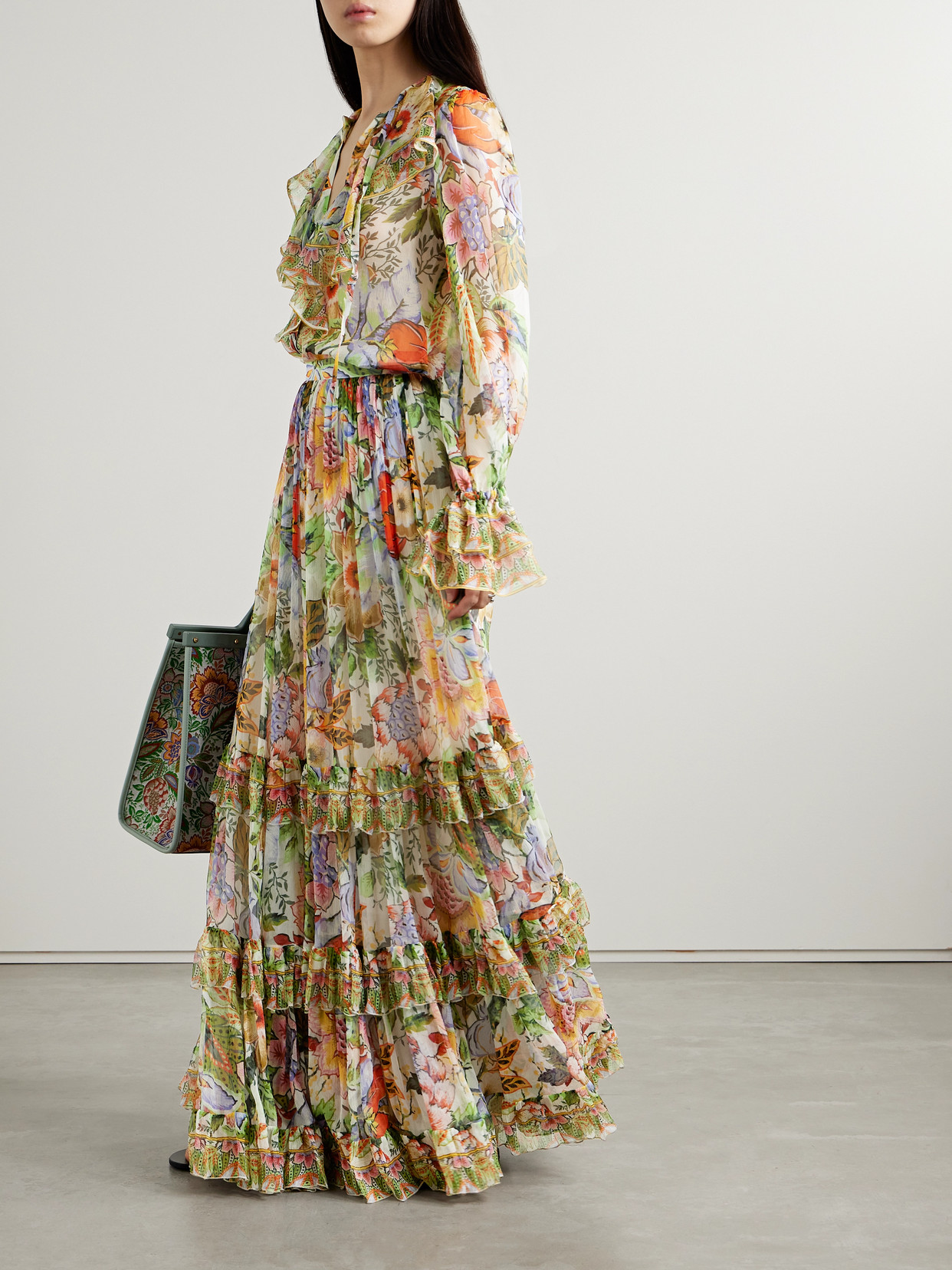 Etro Floral-print Tiered Silk Skirt In Multi