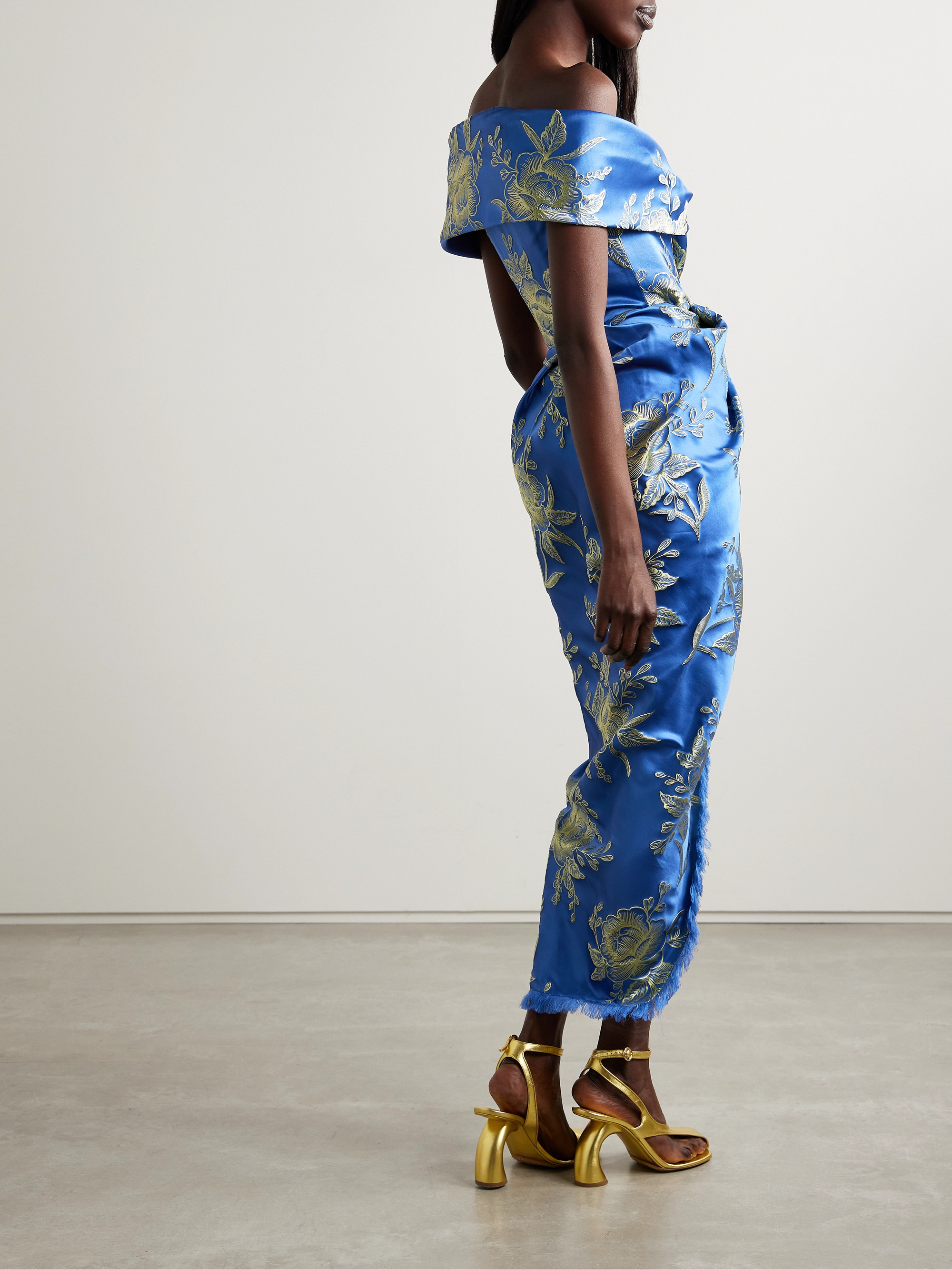 Etro Off-the-shoulder fringed floral-brocade midi wrap dress thumbnail
