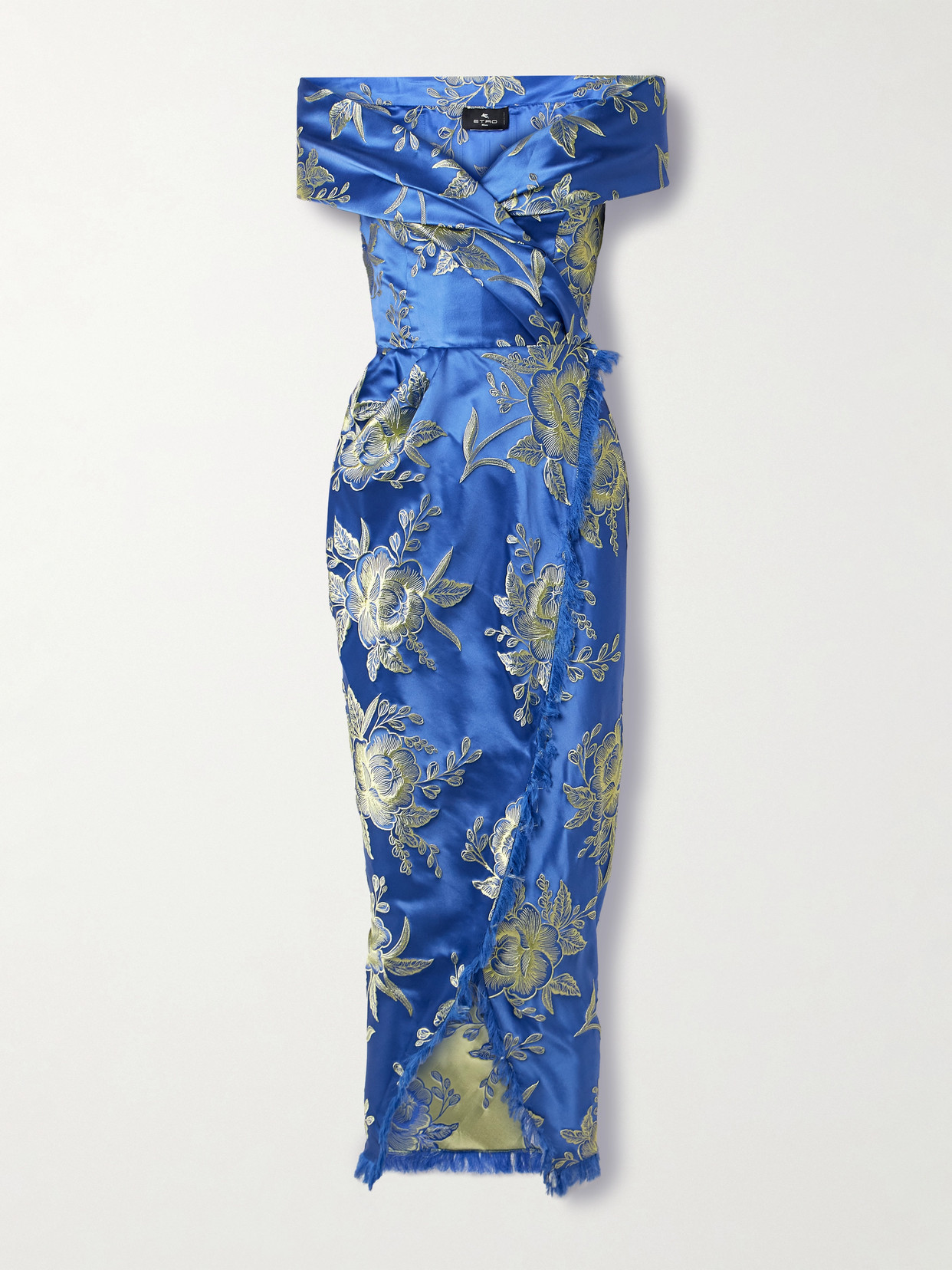 Etro Off-the-shoulder Fringed Floral-brocade Midi Wrap Dress In Blau