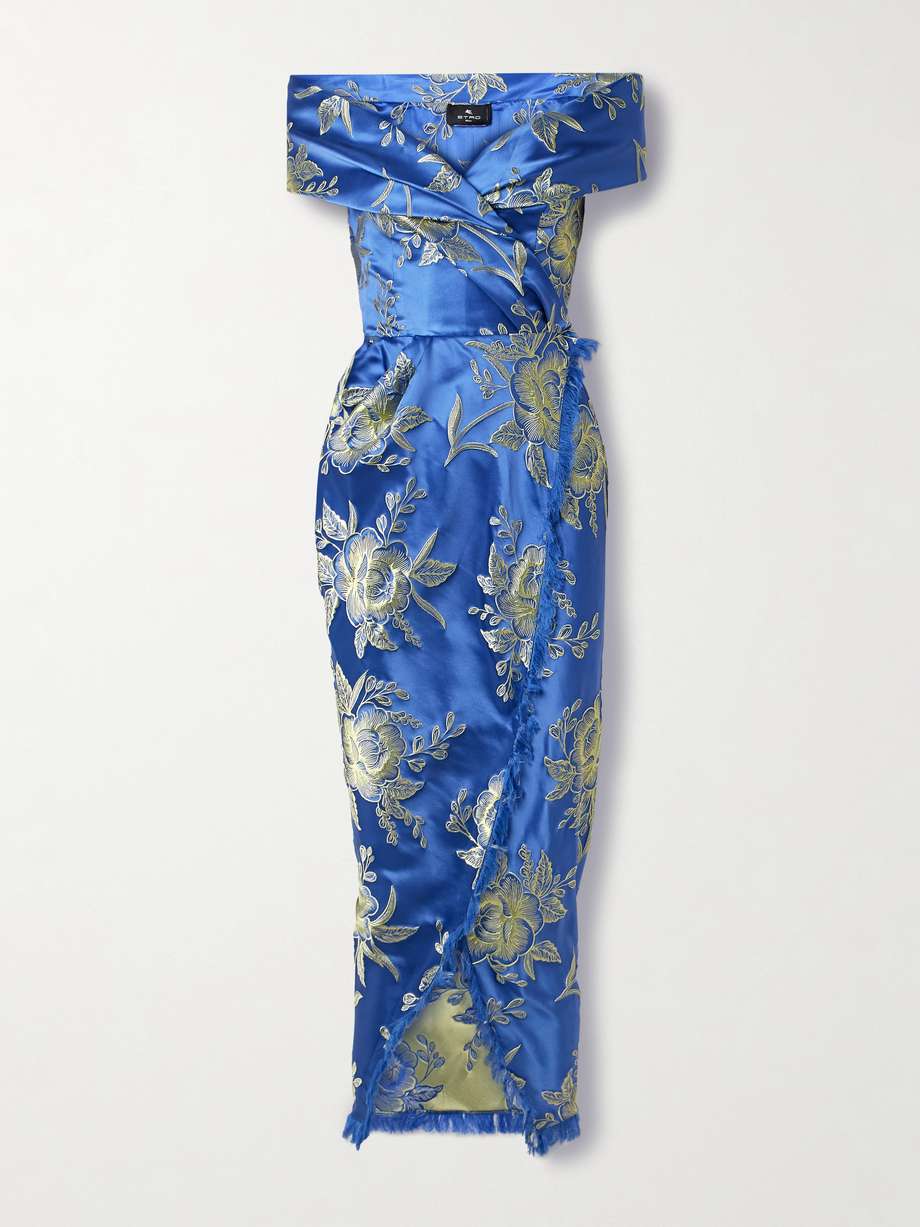 ETRO Off-the-shoulder fringed floral-brocade midi wrap dress | NET-A-PORTER