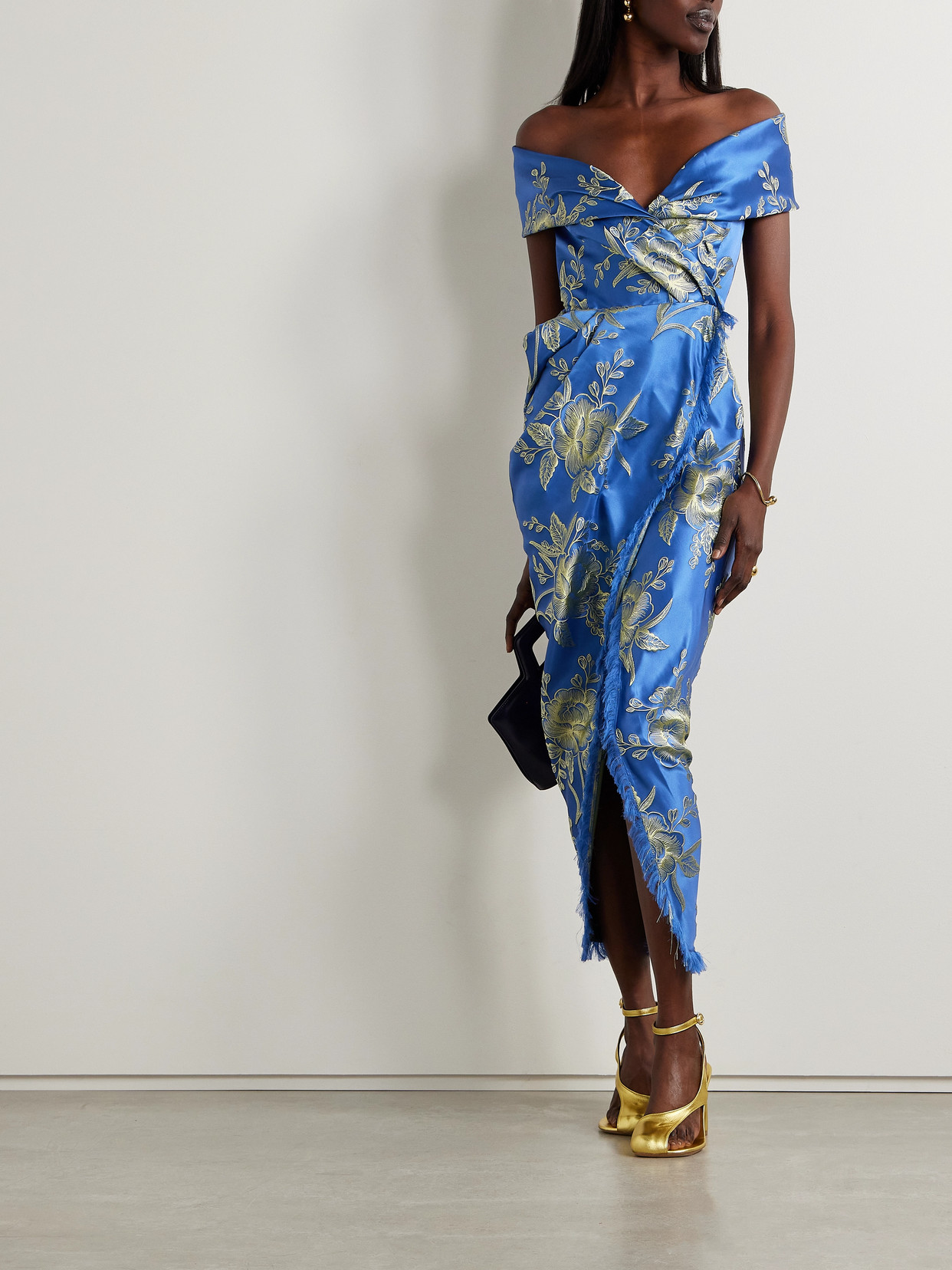 Shop Etro Off-the-shoulder Fringed Floral-brocade Midi Wrap Dress In Blue