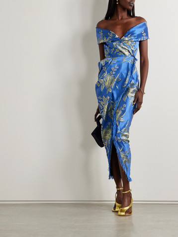 Etro Off-the-shoulder fringed floral-brocade midi wrap dress