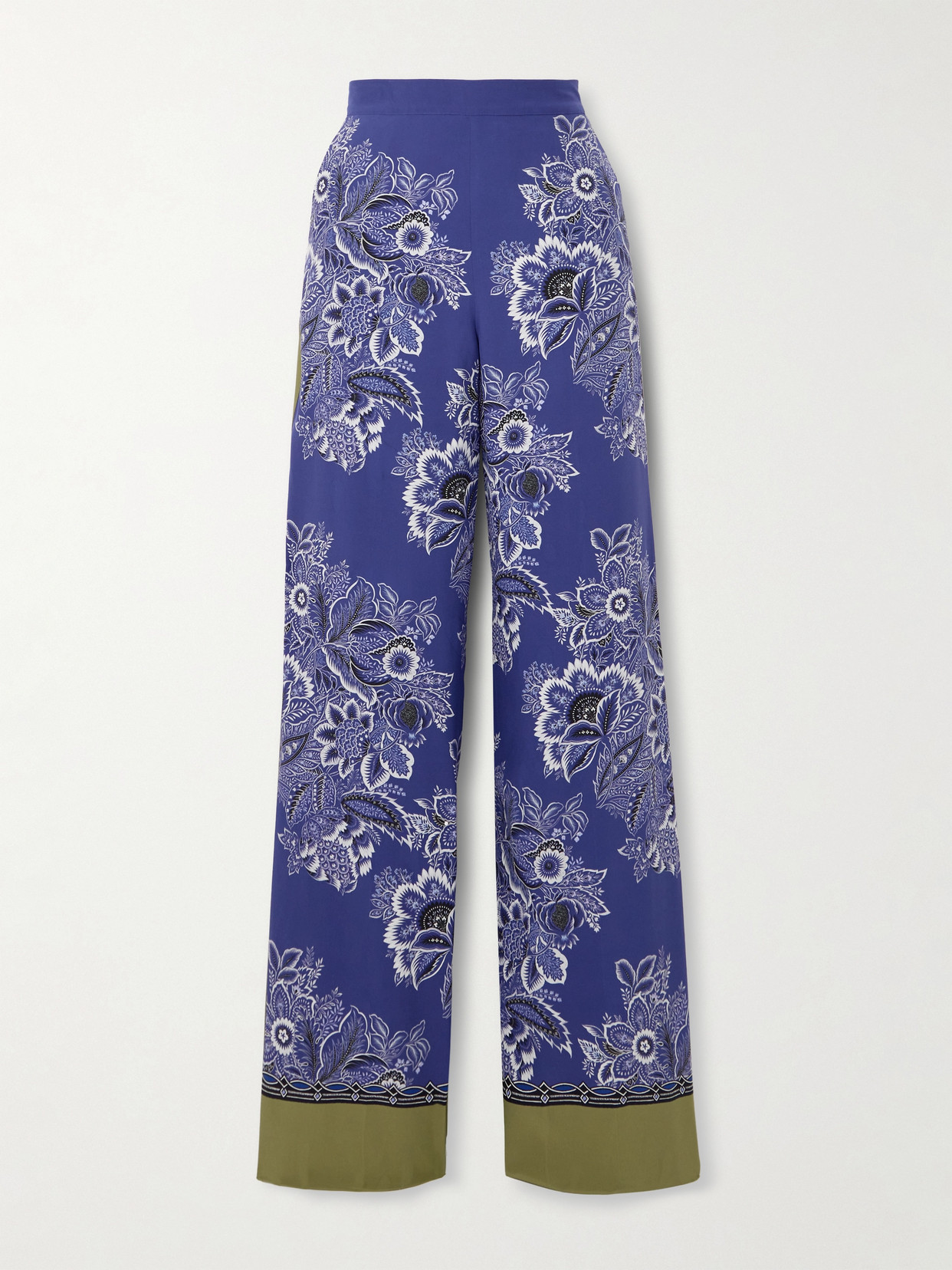 Shop Etro Floral-print Silk-satin Wide-leg Pants In Blue