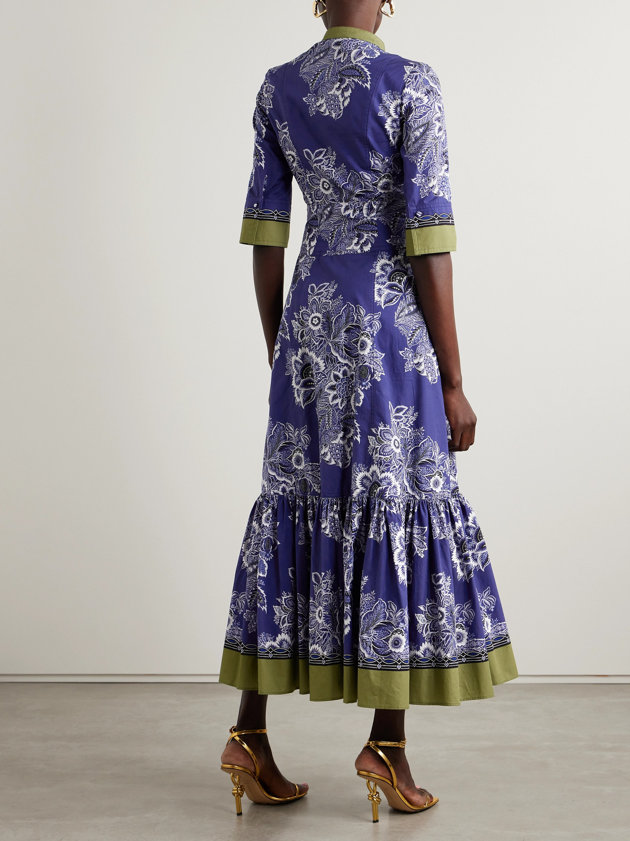 Shop Etro Floral-print Cotton-poplin Midi Dress In Blue