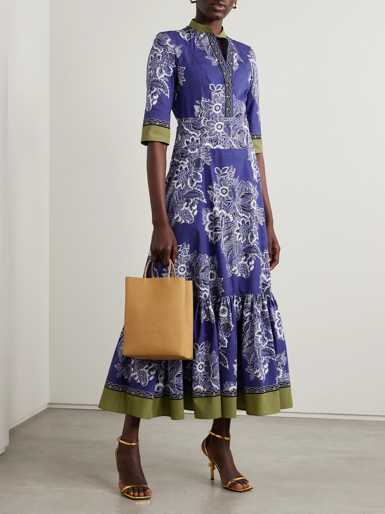 Shop Etro Floral-print Cotton-poplin Midi Dress In Blue