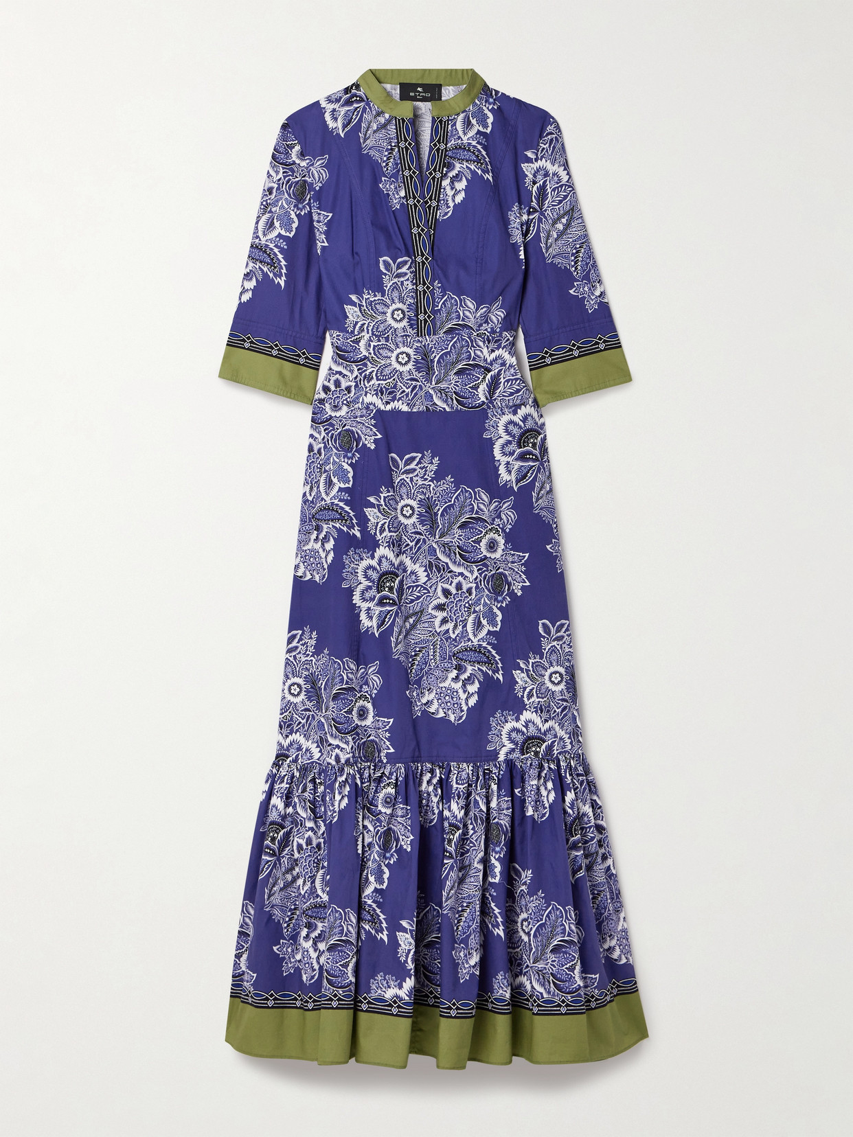 Shop Etro Floral-print Cotton-poplin Midi Dress In Blue