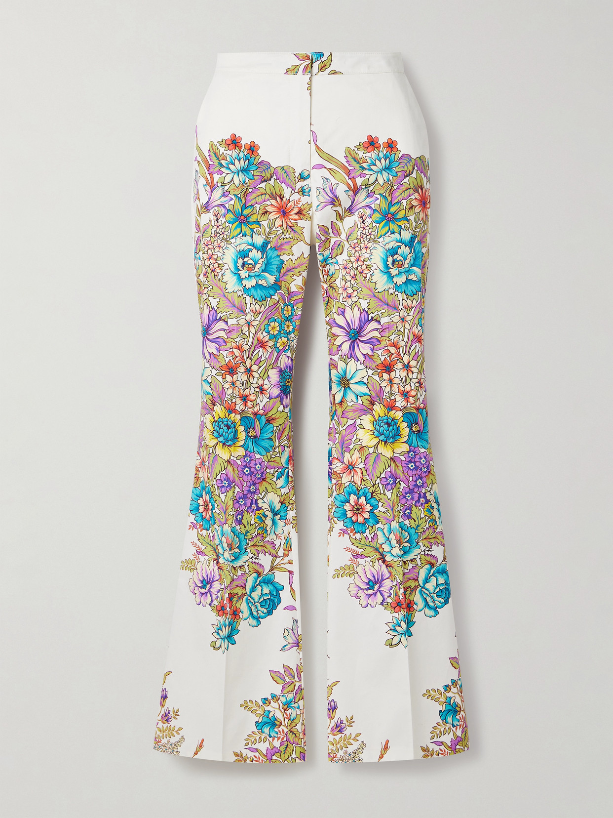 Shop Etro Floral-print Cotton-blend Crepe Flared Pants In Multi