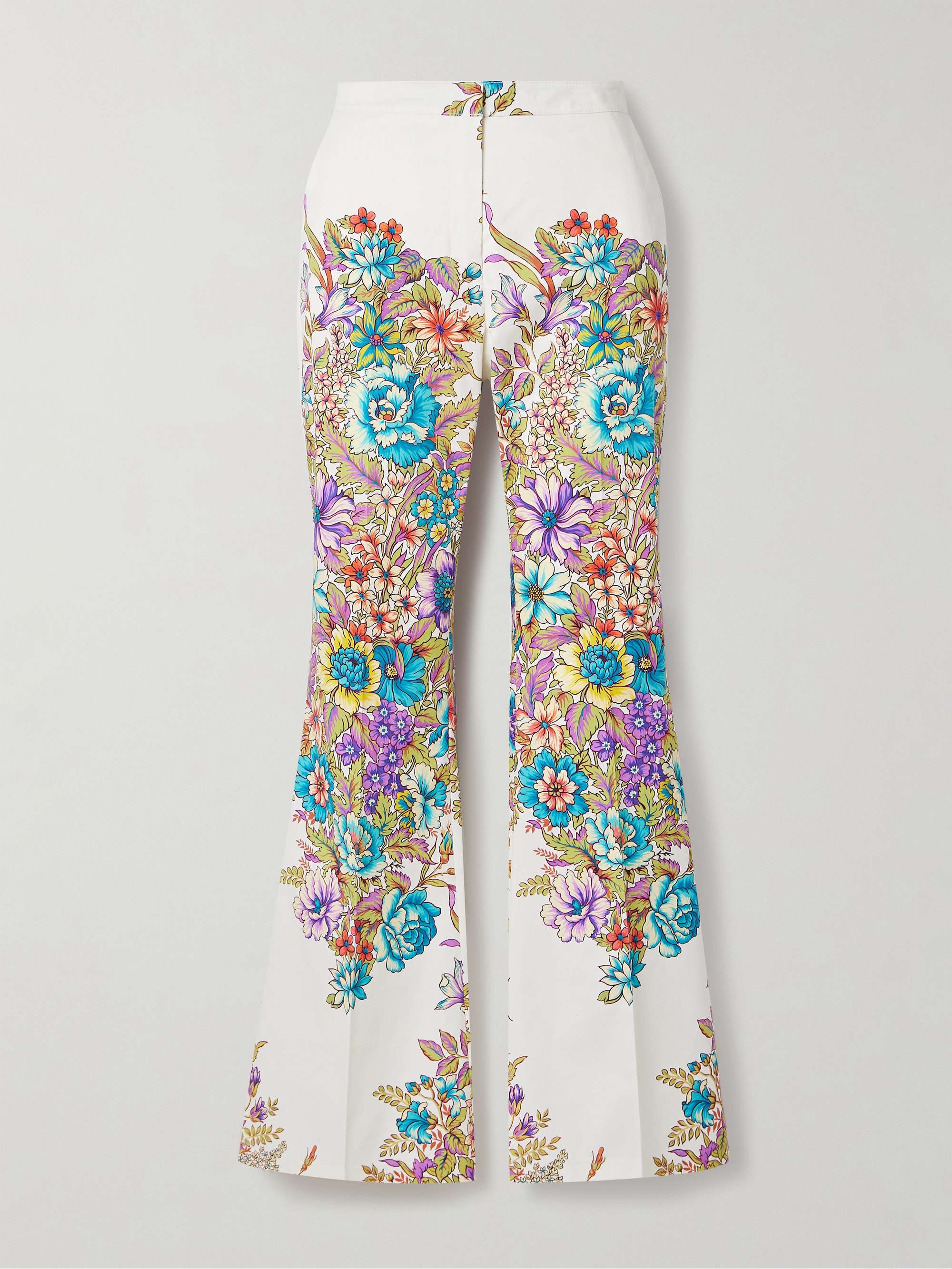 Floral print cotton blend crepe flared pants
