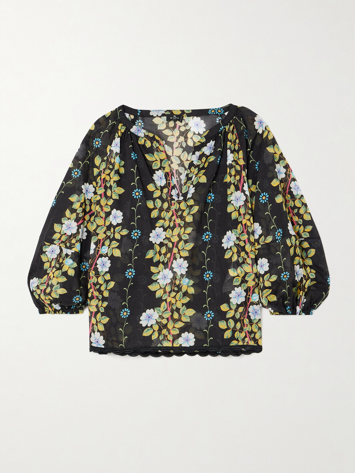 Shop Etro Scalloped Floral-print Cotton-voile Blouse In Multi