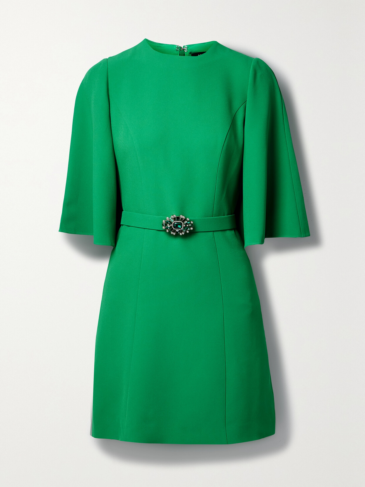 Andrew Gn Cape-effect Belted Crystal And Faux Pearl-embellished Crepe Mini Dress In Green