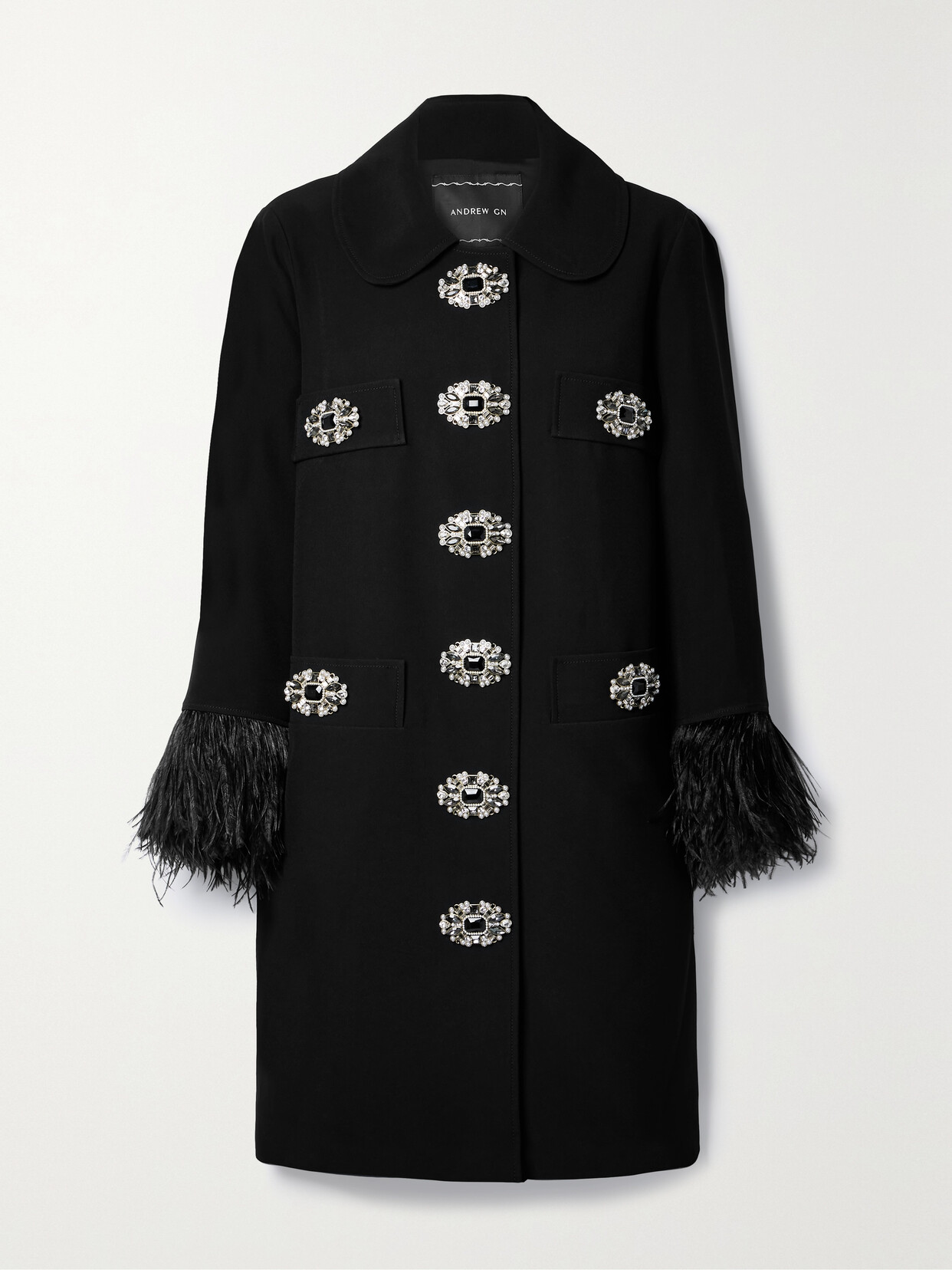 Andrew Gn Embellished Feather-trimmed Crepe Coat In Black