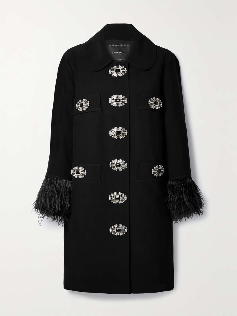 Andrew Gn Embellished Feather-trimmed Crepe Coat - FR 44