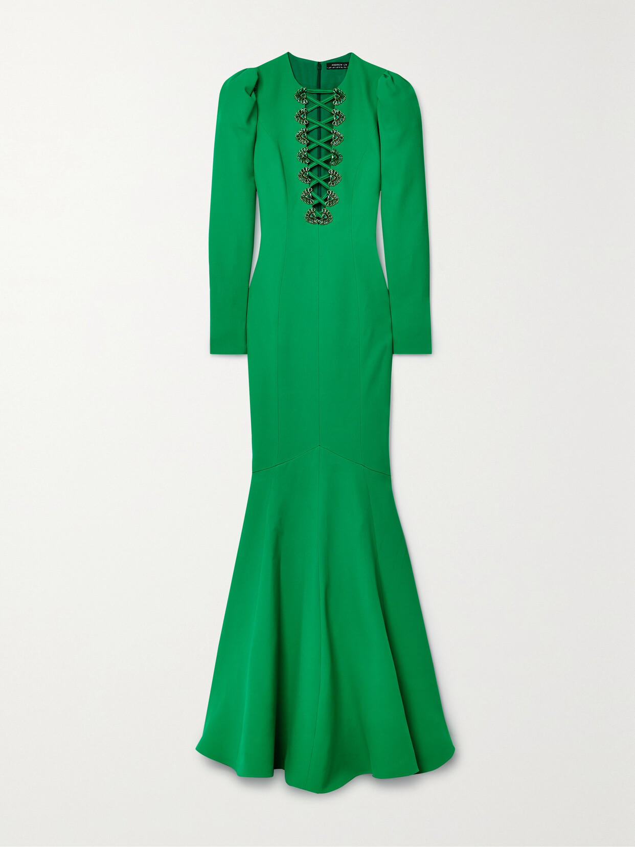 Andrew Gn Lace-up Crystal Embellished Crepe Gown In Green