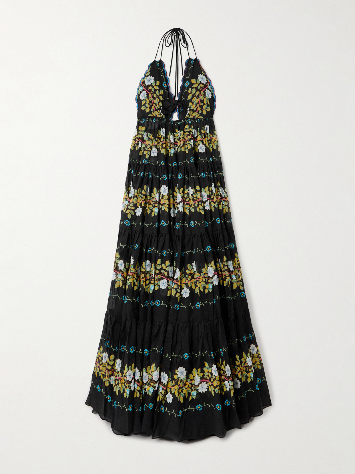 Shop Etro Halterneck Tiered Floral-print Cotton-voile Maxi Dress In Black