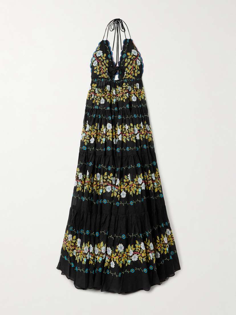 Etro Halterneck Tiered Floral-print Cotton-voile Maxi Dress