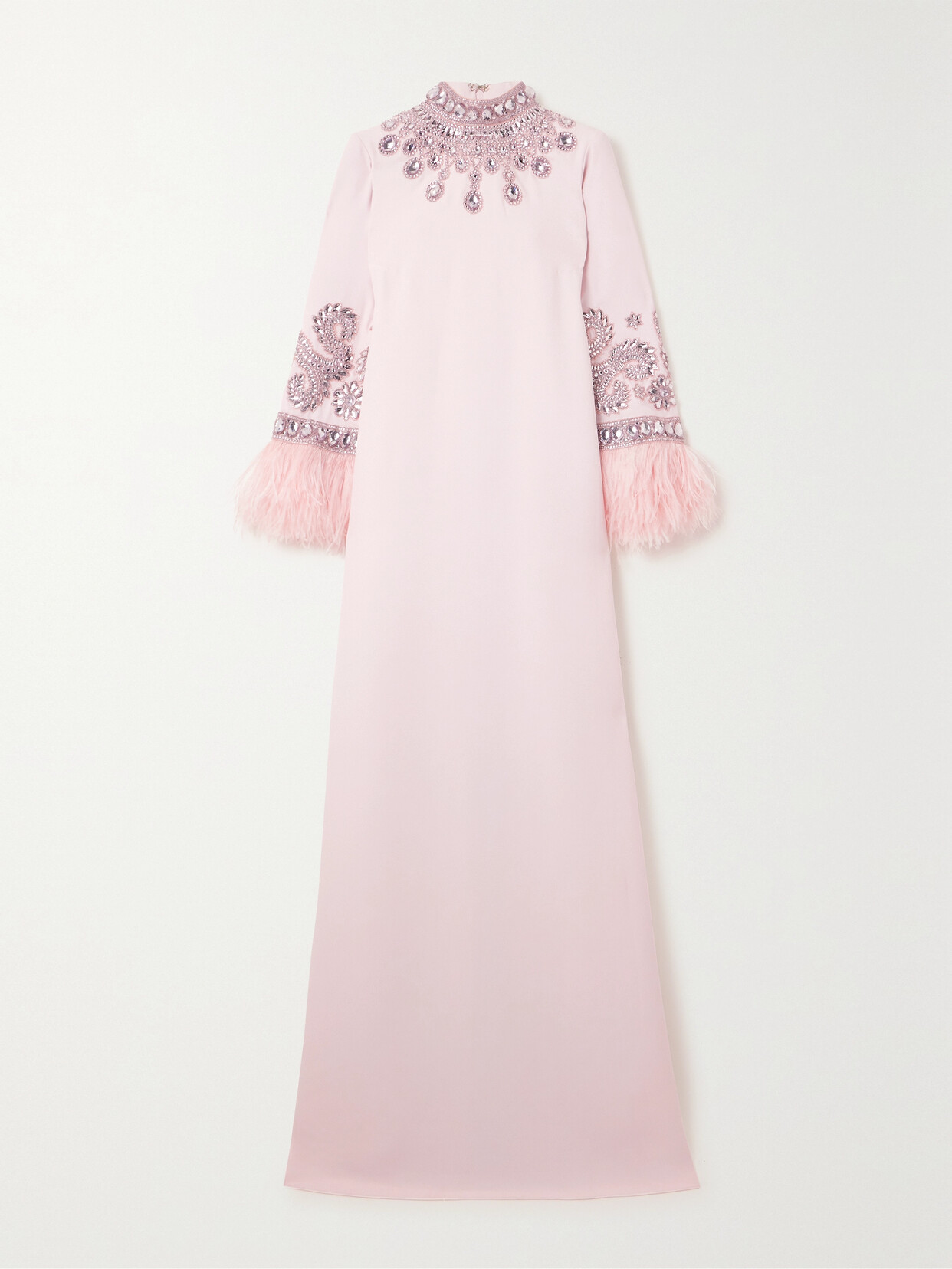 Andrew Gn Feather-trimmed Crystal-embellished Crepe Turtleneck Gown - Pink