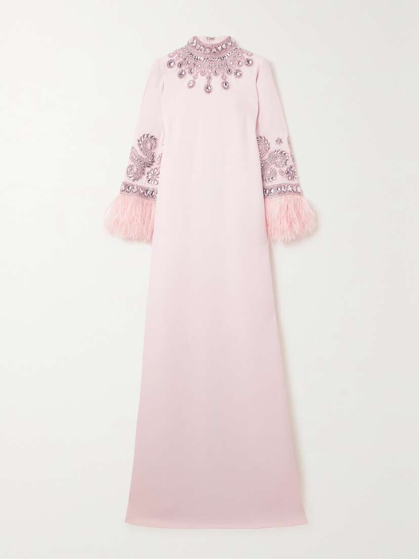 Andrew Gn Feather-trimmed Crystal-embellished Crepe Turtleneck Gown