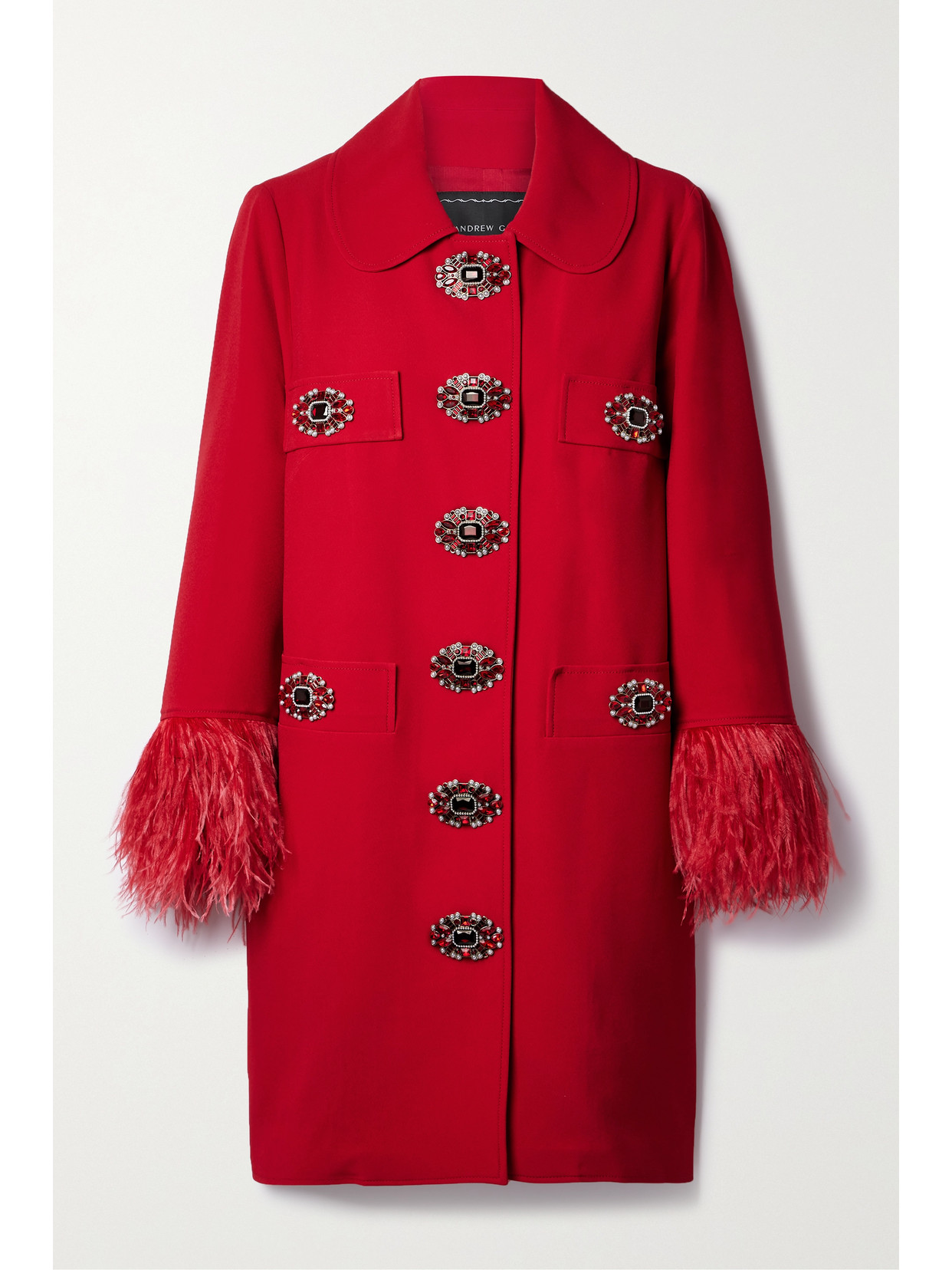 Andrew Gn Embellished Feather-trimmed Crepe Coat In Red