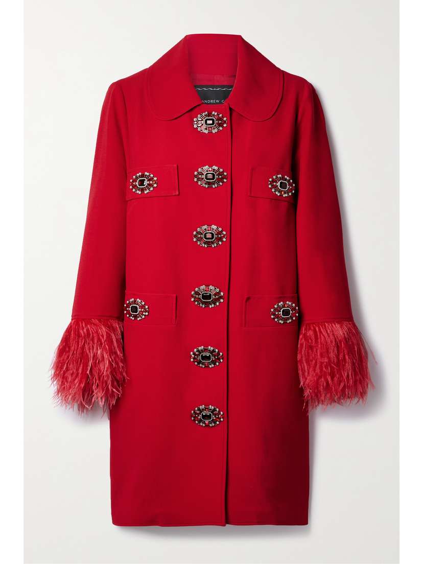 Andrew Gn Embellished Feather-trimmed Crepe Coat