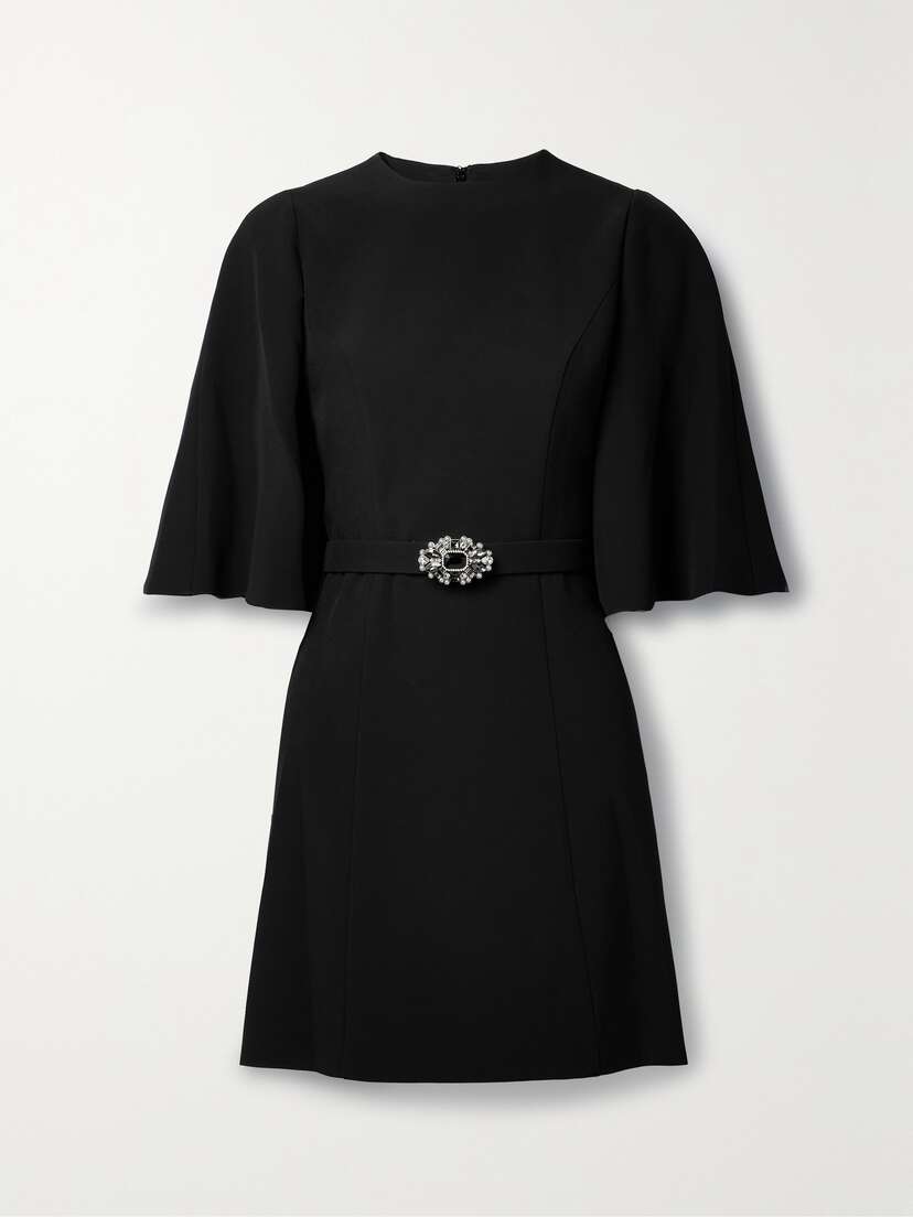 Andrew Gn Cape-effect Belted Crystal And Faux Pearl-embellished Crepe Mini Dress