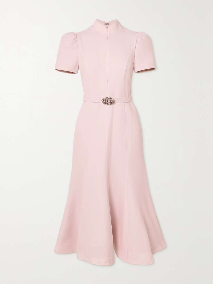 Andrew Gn Belted Crystal And Faux Pearl-embellished Crepe Midi Dress