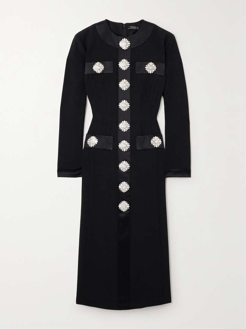 Andrew Gn Crystal Embellished Satin-trimmed Crepe Midi Dress